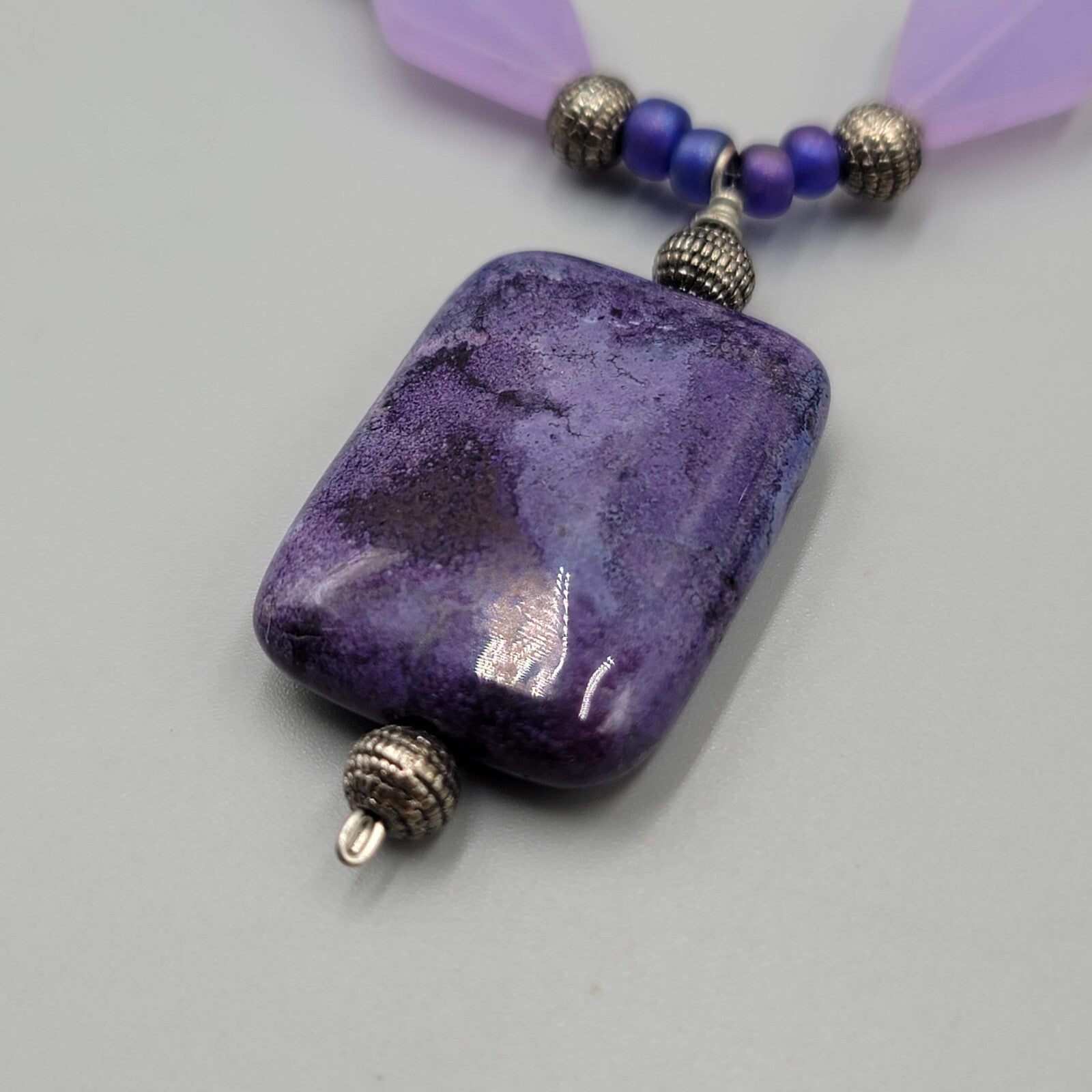 Purple Bead Pendant NecklaceSilver tone Black Beads  22"