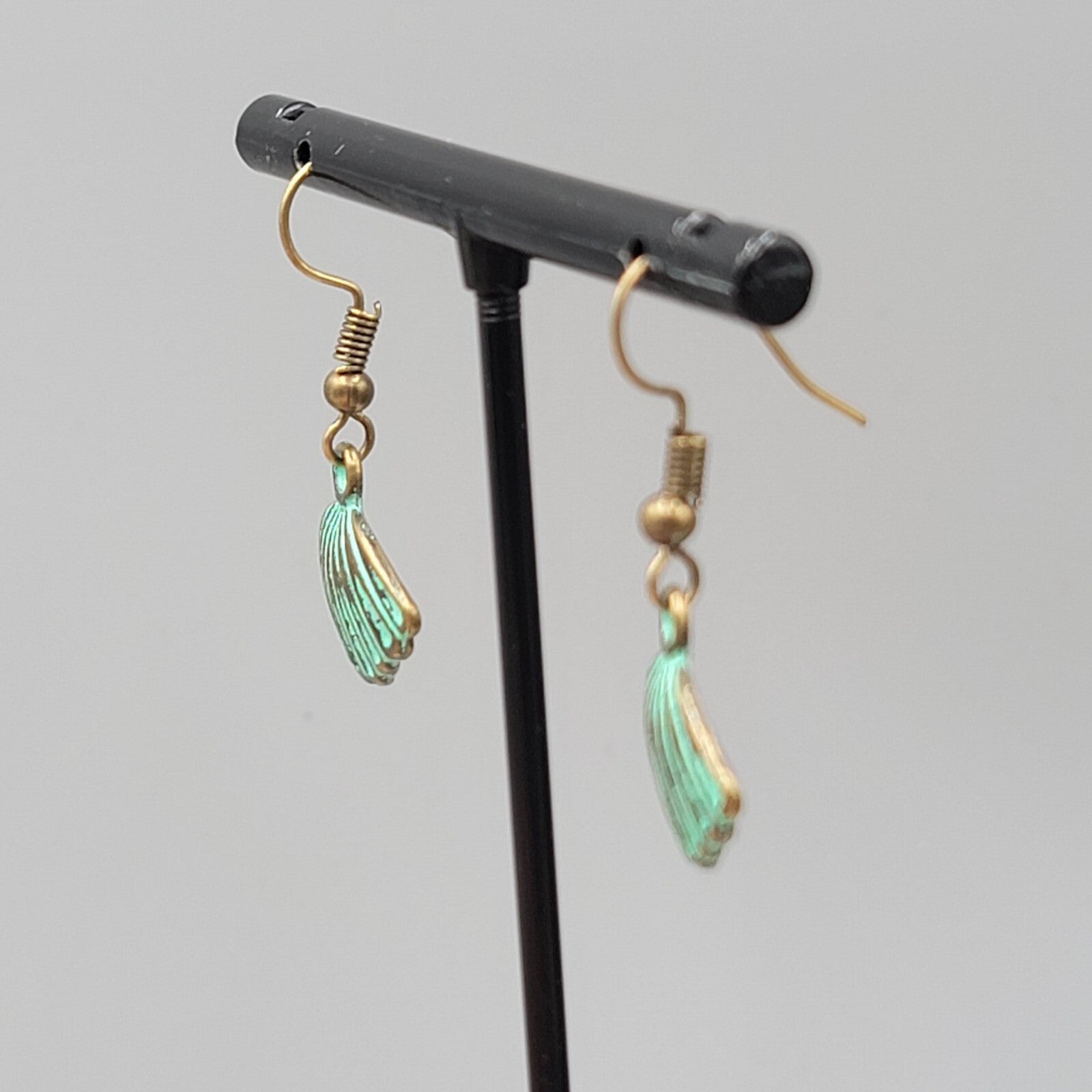 Shell Beach Sealife Pierced Earrings Bronze tone Green wash Dangle Embossed 5/8"