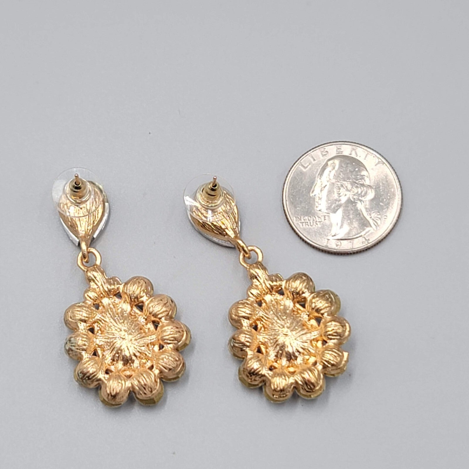 Gray Teardrop Glass Pierced Earrings Gold tone Dangle 2"
