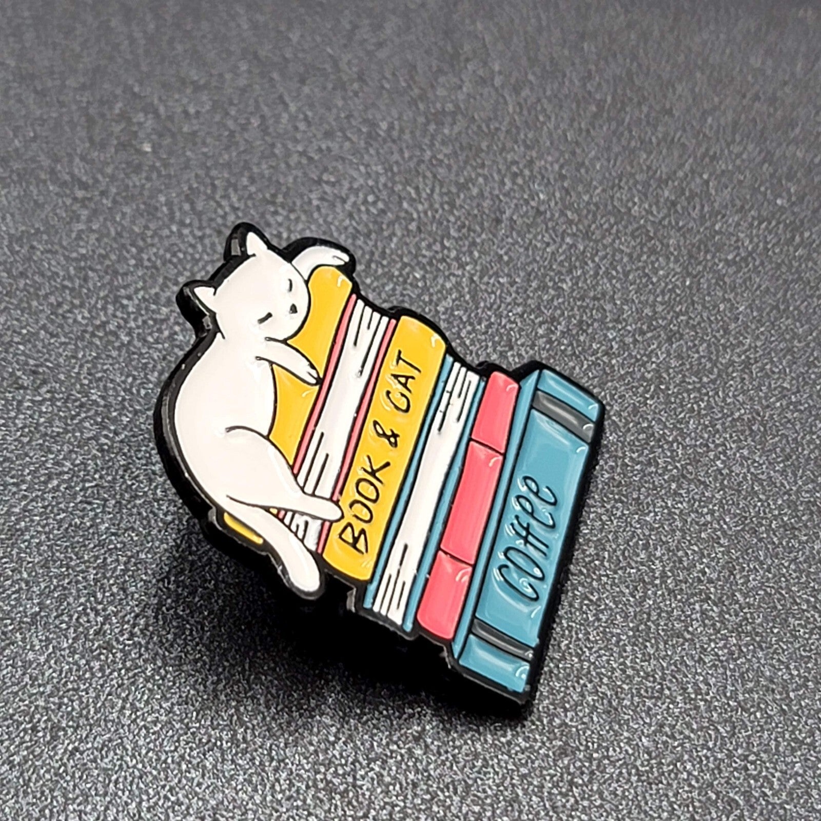 White Cat Enamel Lapel Hat Pin Book and Cat Coffee Multicolor  1.25"
