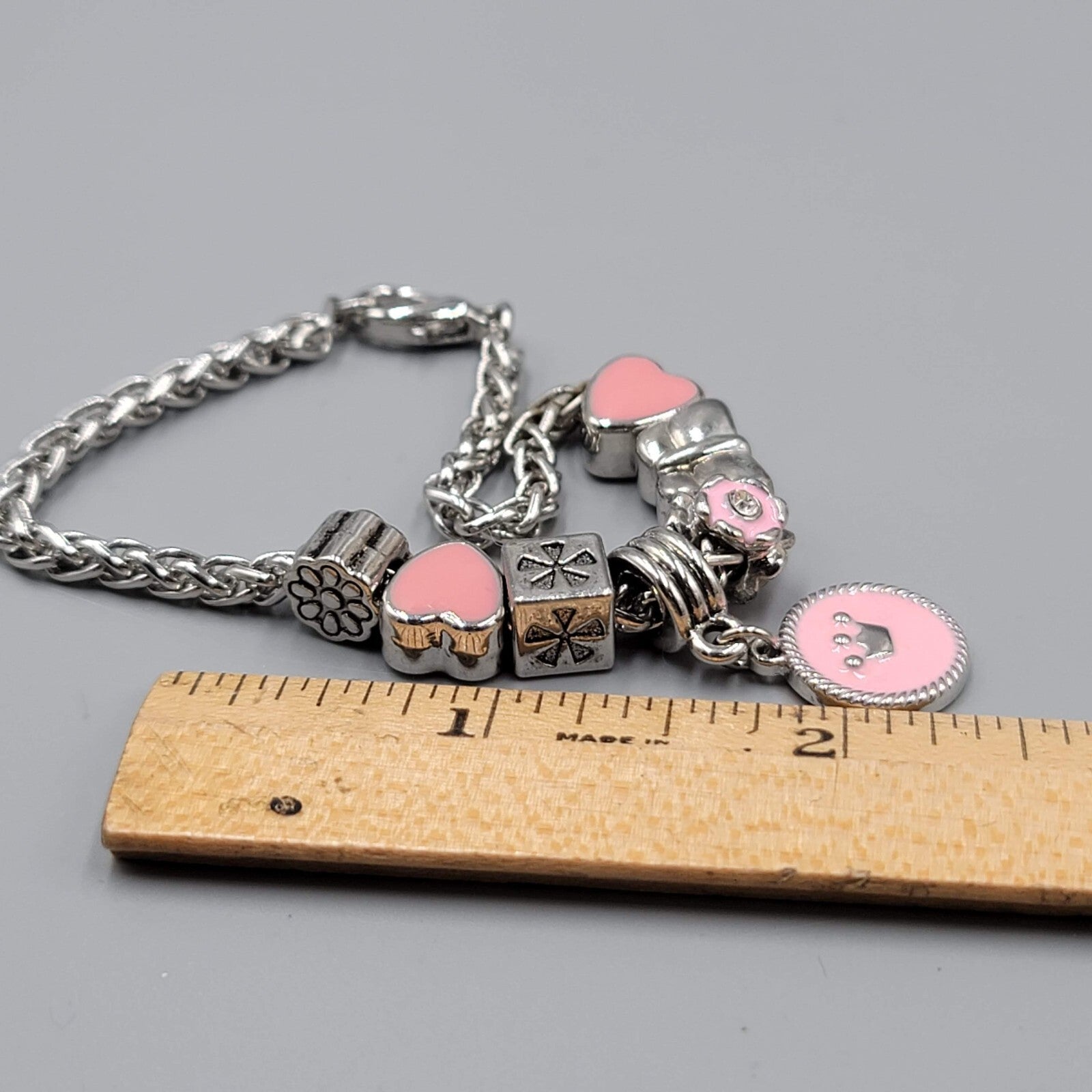 Slide Charm Bracelet Pink Enamel Hearts Beads Silver tone  7.25 in