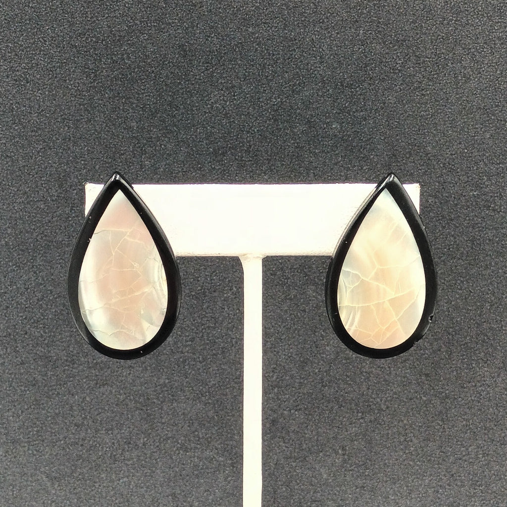 Vintage Pierced Earrings Mother of Pearl Inlaid Black Acrylic Teardrop Drop 1.5"