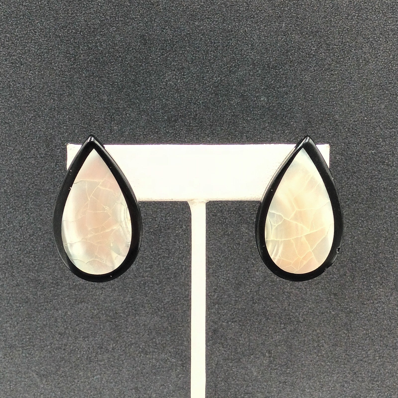 Vintage Pierced Earrings Mother of Pearl Inlaid Black Acrylic Teardrop Drop 1.5"