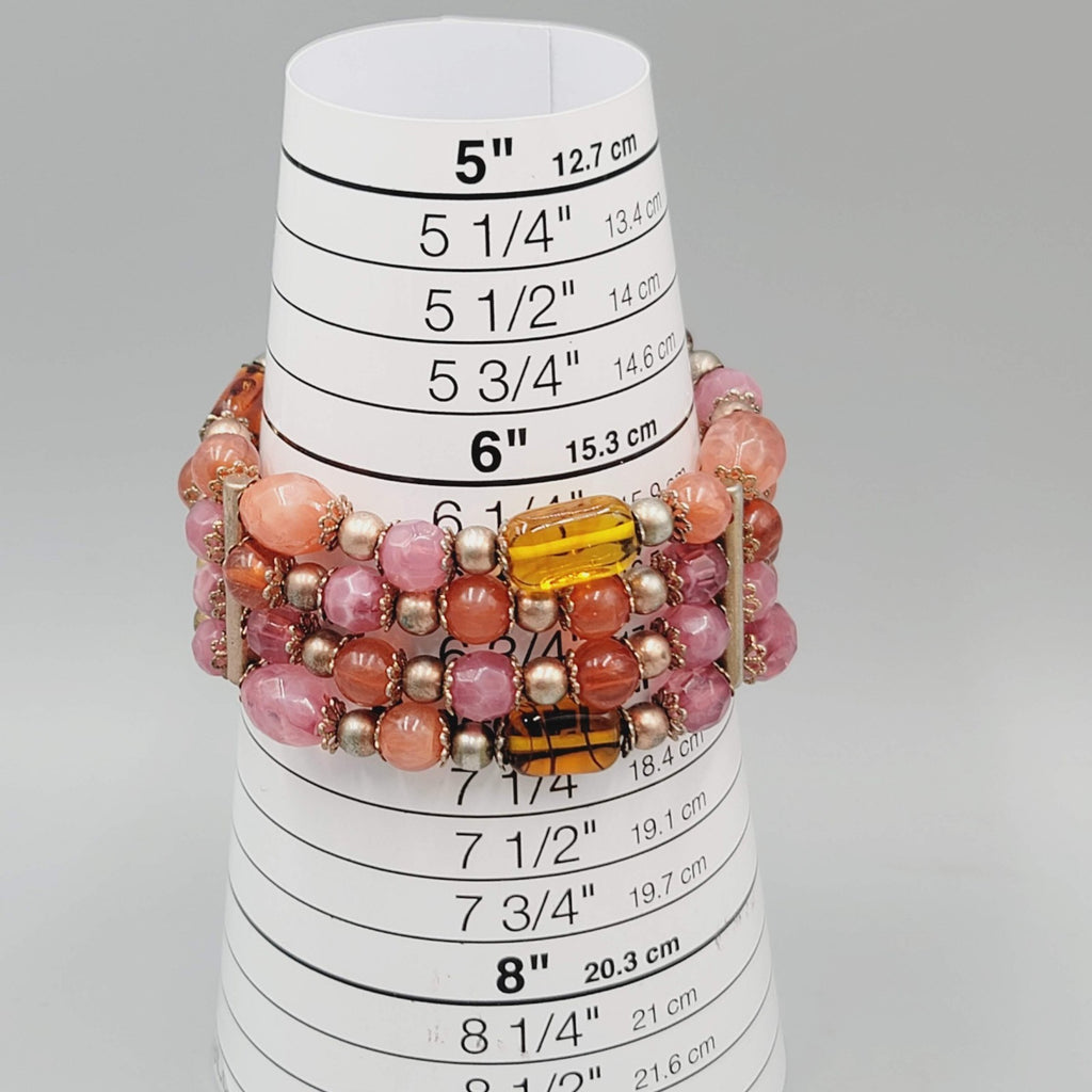 Liz Claiborne Glass Bead Bracelet Pink Orange Elastic Triple Strand 7"