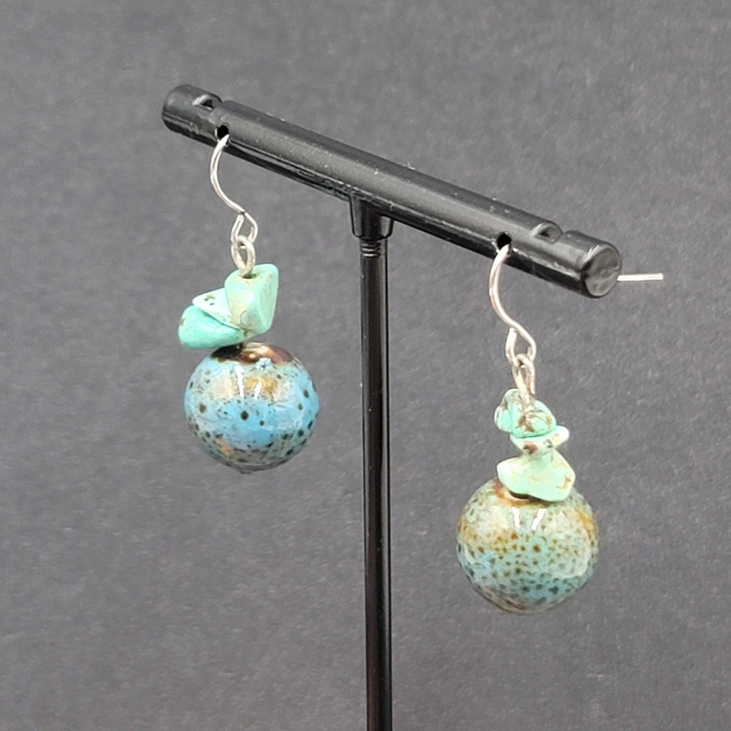 Pierced Earrings Silver tone Turquoise Bead Pottery Bead Dangle  1"