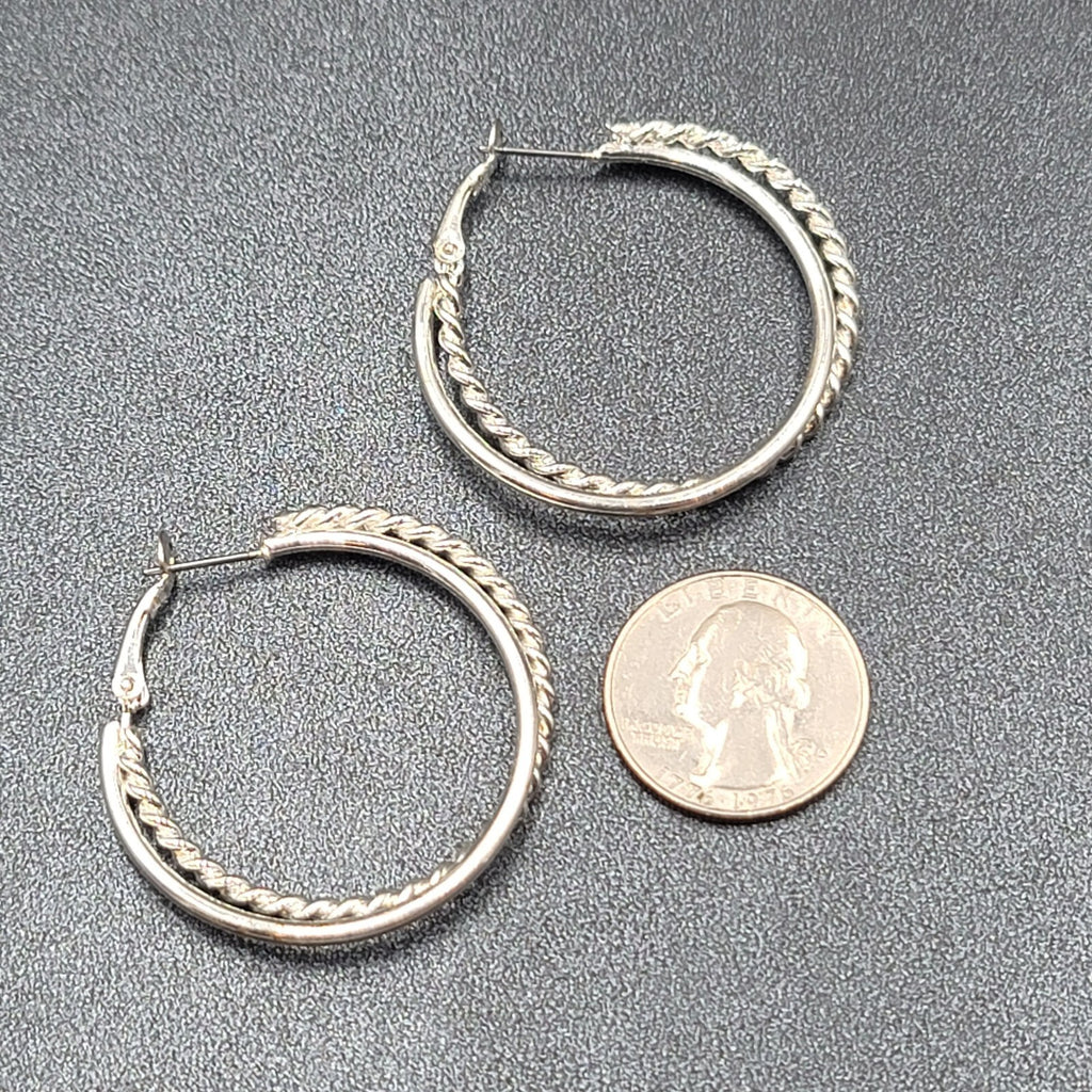 Pierced Earrings Silver tone Double Twist Hoops 1 5/8"