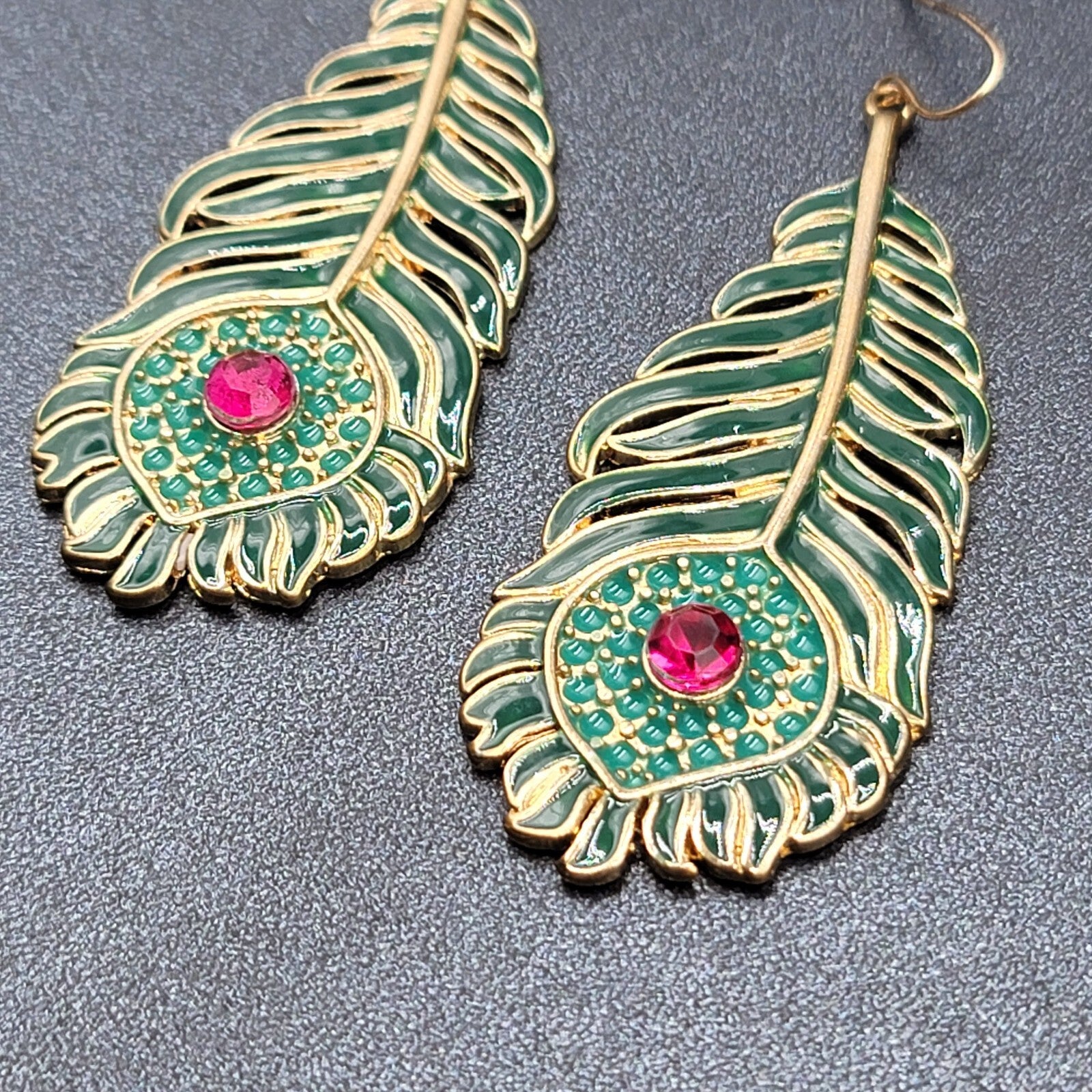 Metal Feather Pierced Earrings Green Enamel Pink Rhinestone Large Dangle 2 5/8"