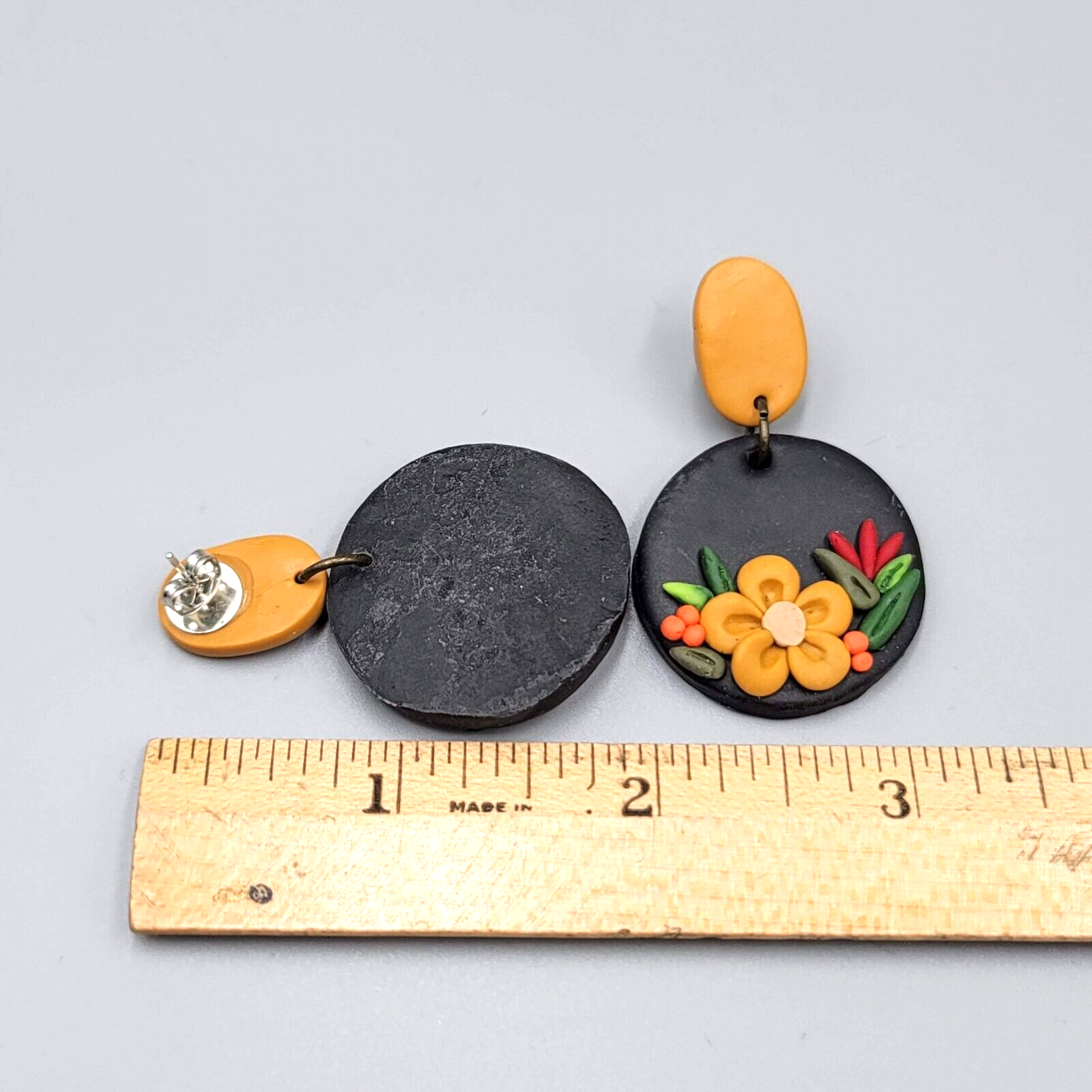 Polymer Clay Flower Pierced Earrings Tan Black Dangle Fall 1.75"
