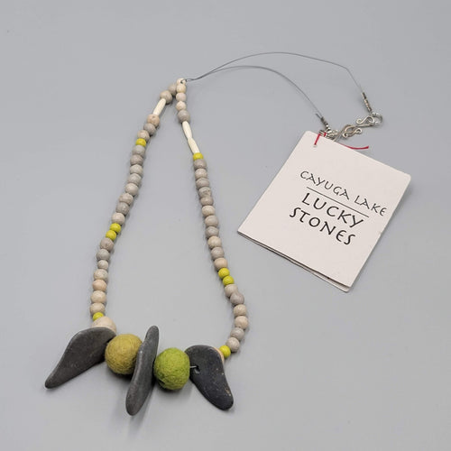 Cayuga Lake Lucky Stones Necklace Artisan Gray Green Beads 26"