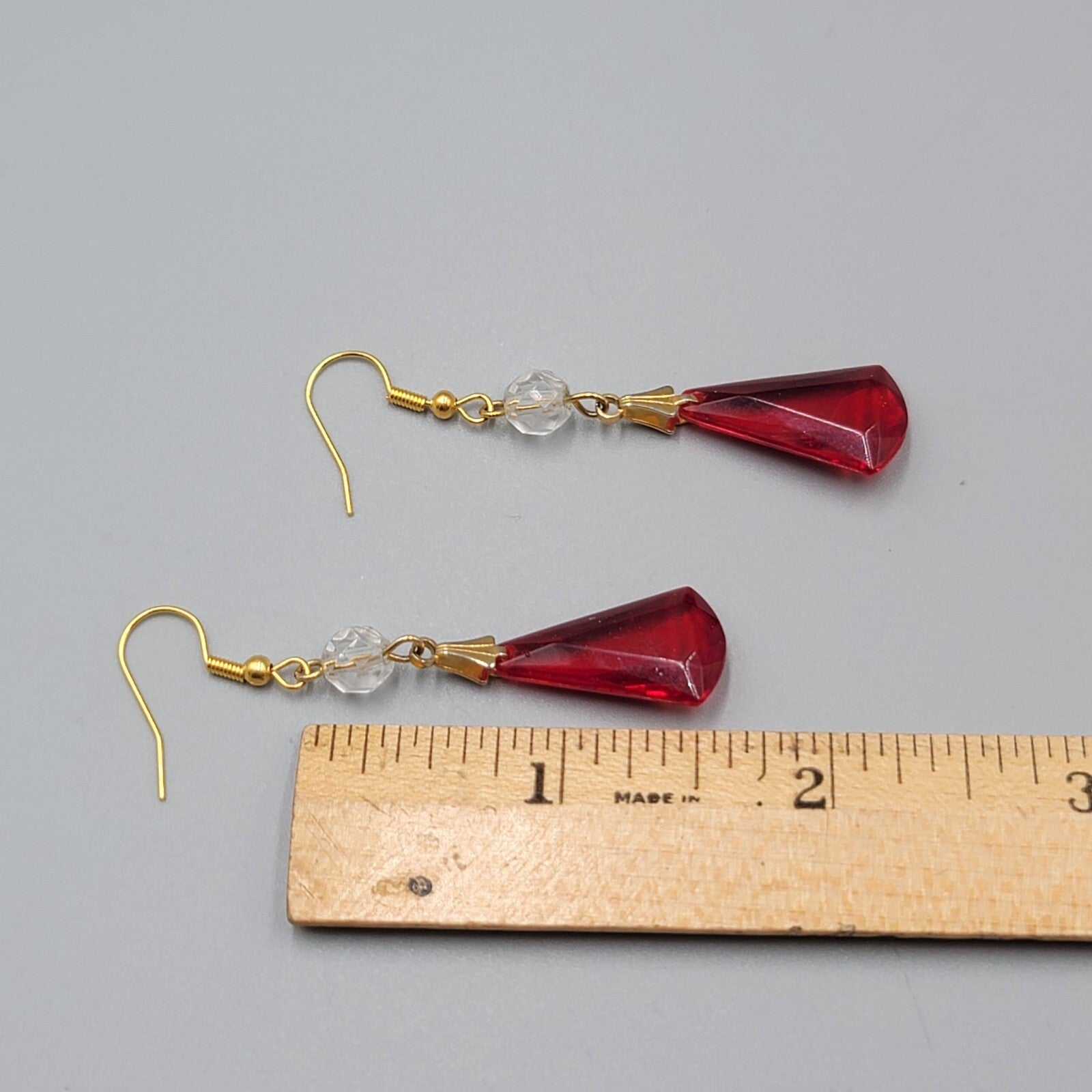 Pierced Earrings  Gold tone Red Clear Acrylic Bead Dangle 1.75" Lightweight