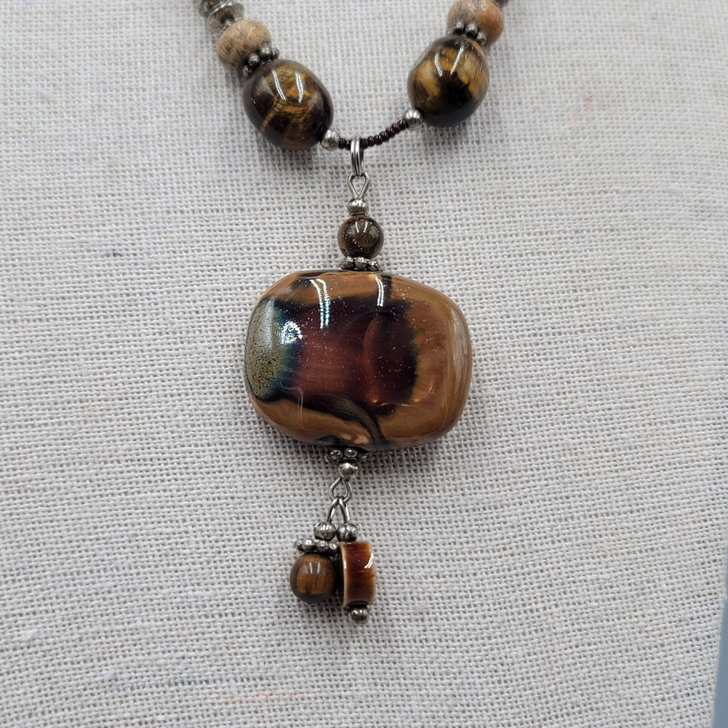 Boho Brown Pottery and Glass Bead Necklace Silver tone 20"
