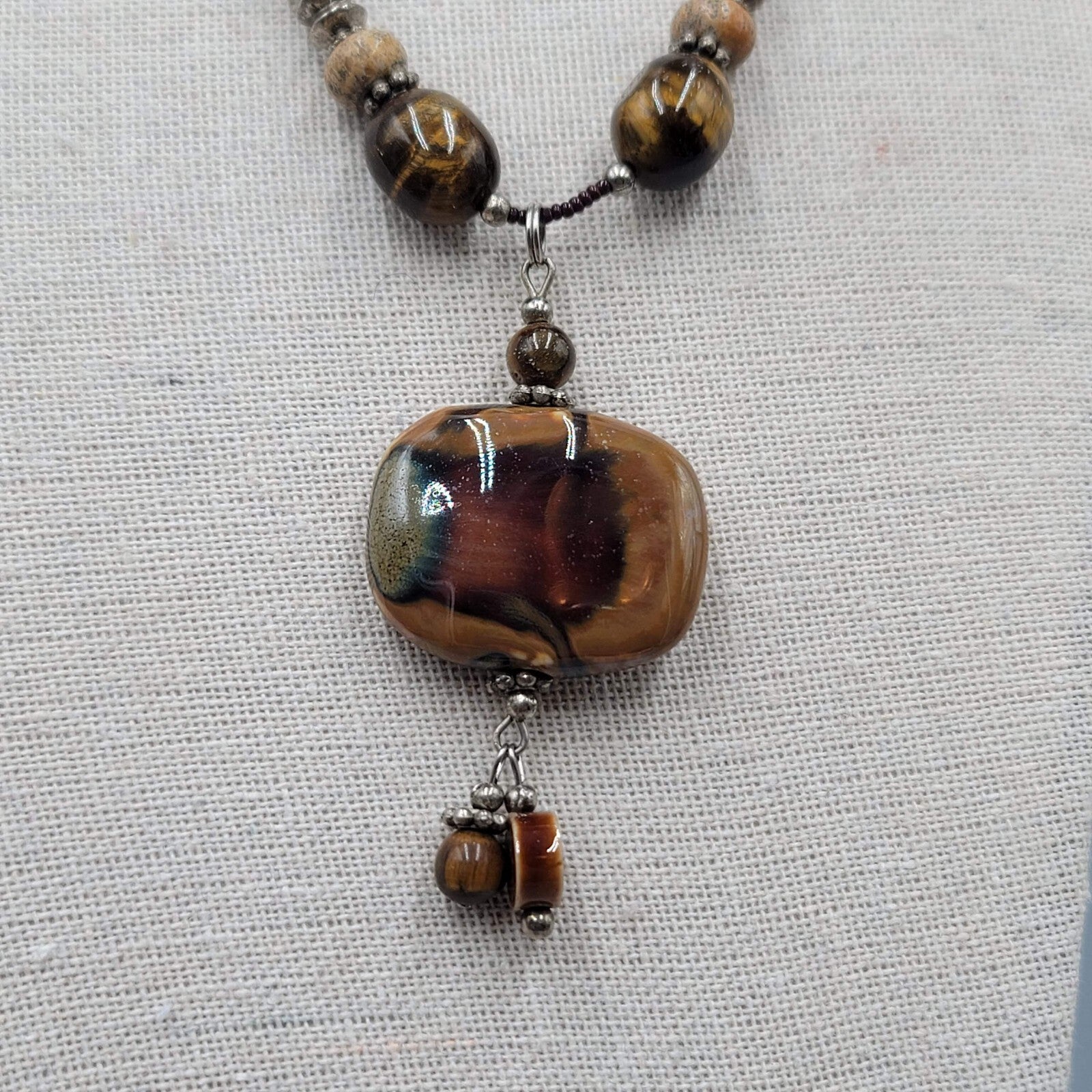 Boho Brown Pottery and Glass Bead Necklace Silver tone 20"