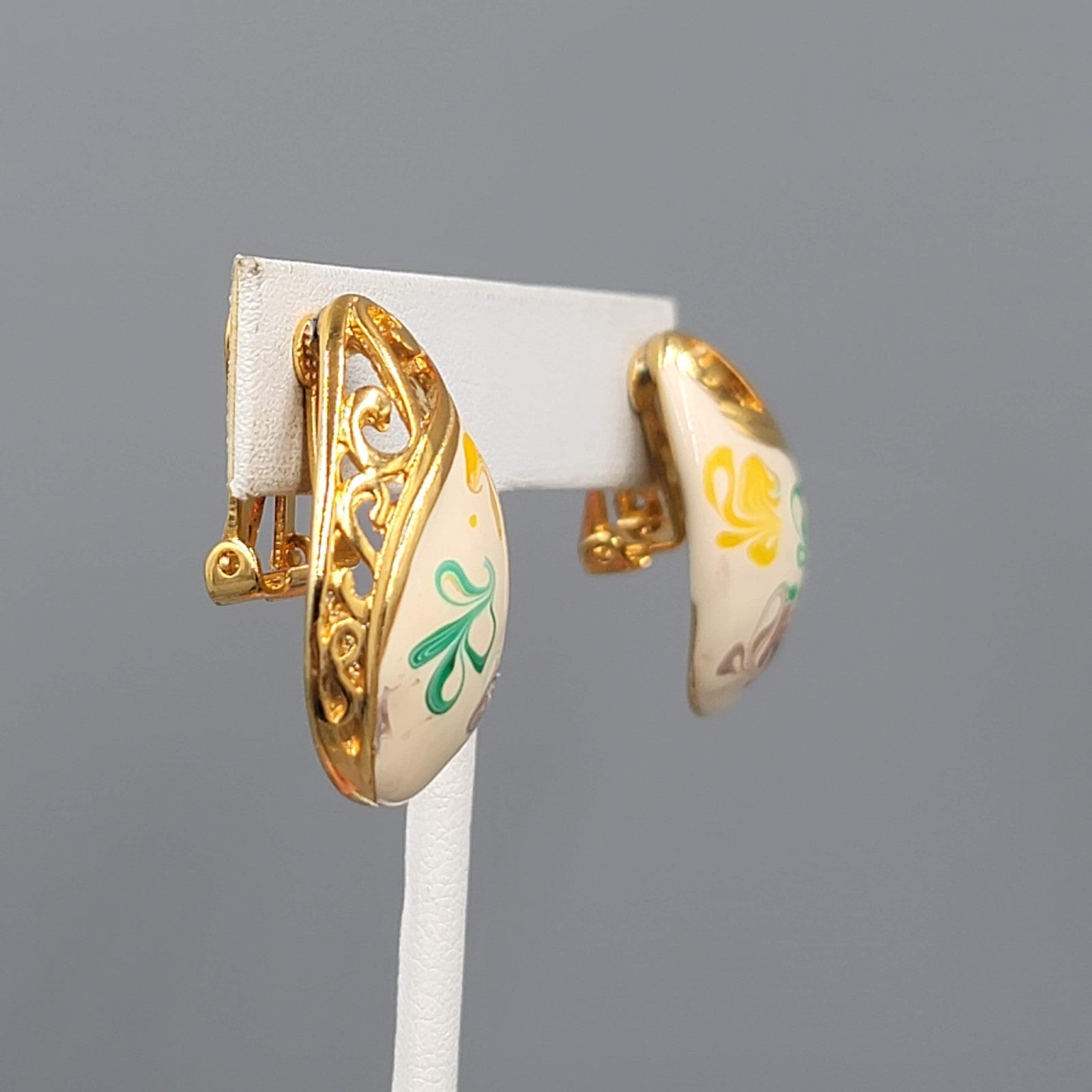 Vintage Enamel Clip on Earrings Gold Plated Yellow Purple Green Swirls 1 1/8"
