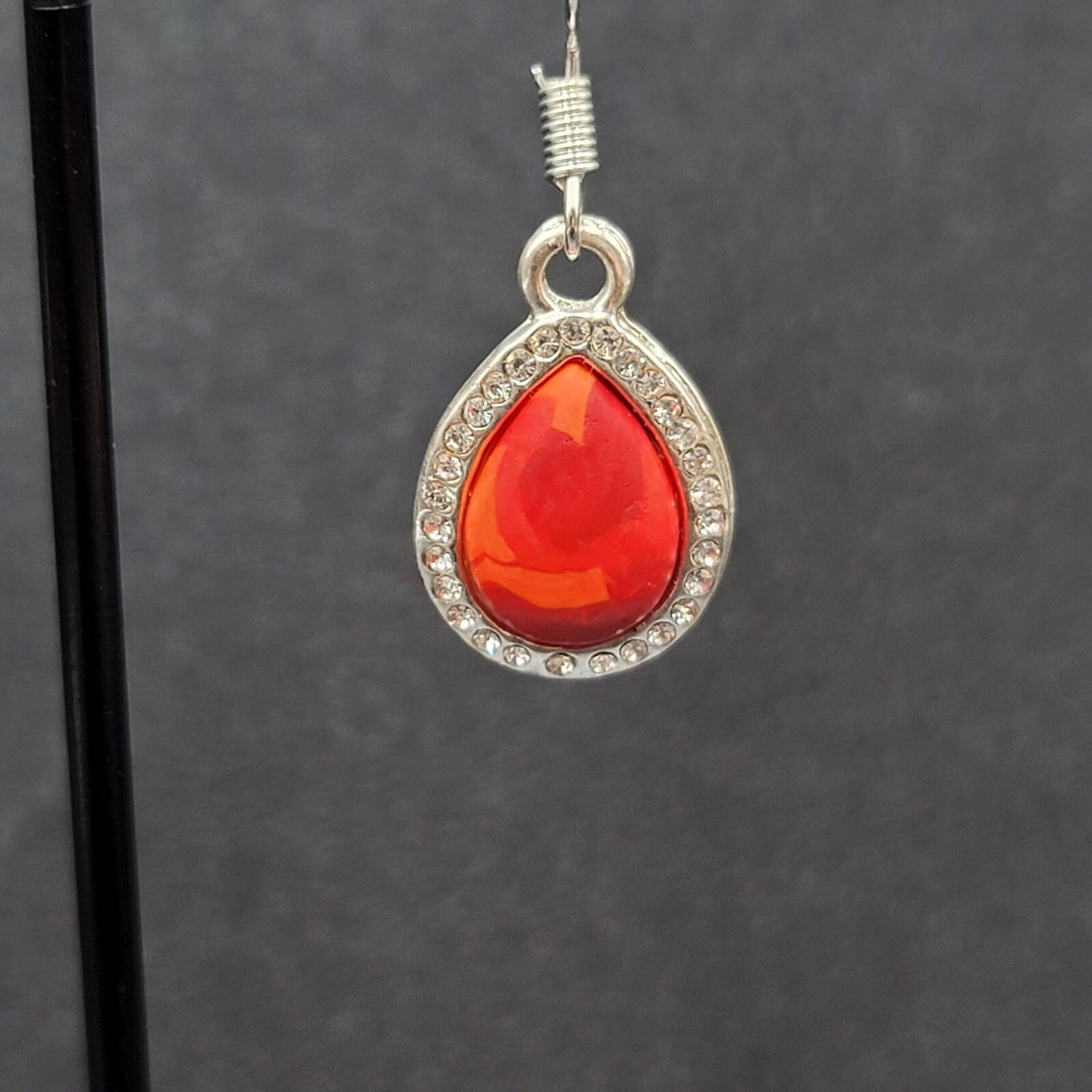 Pierced Earrings Silver tone Red Orange Polymer Clay Teardrop Rhinestone 3/4"