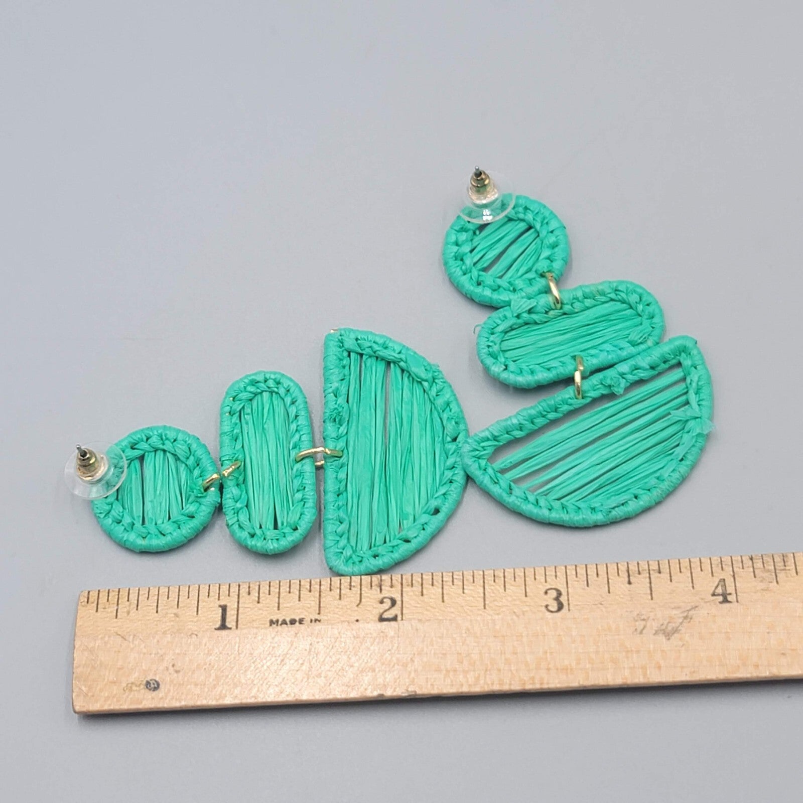 Green Rattan Pierced Earrings Statement Dangle 2.5"