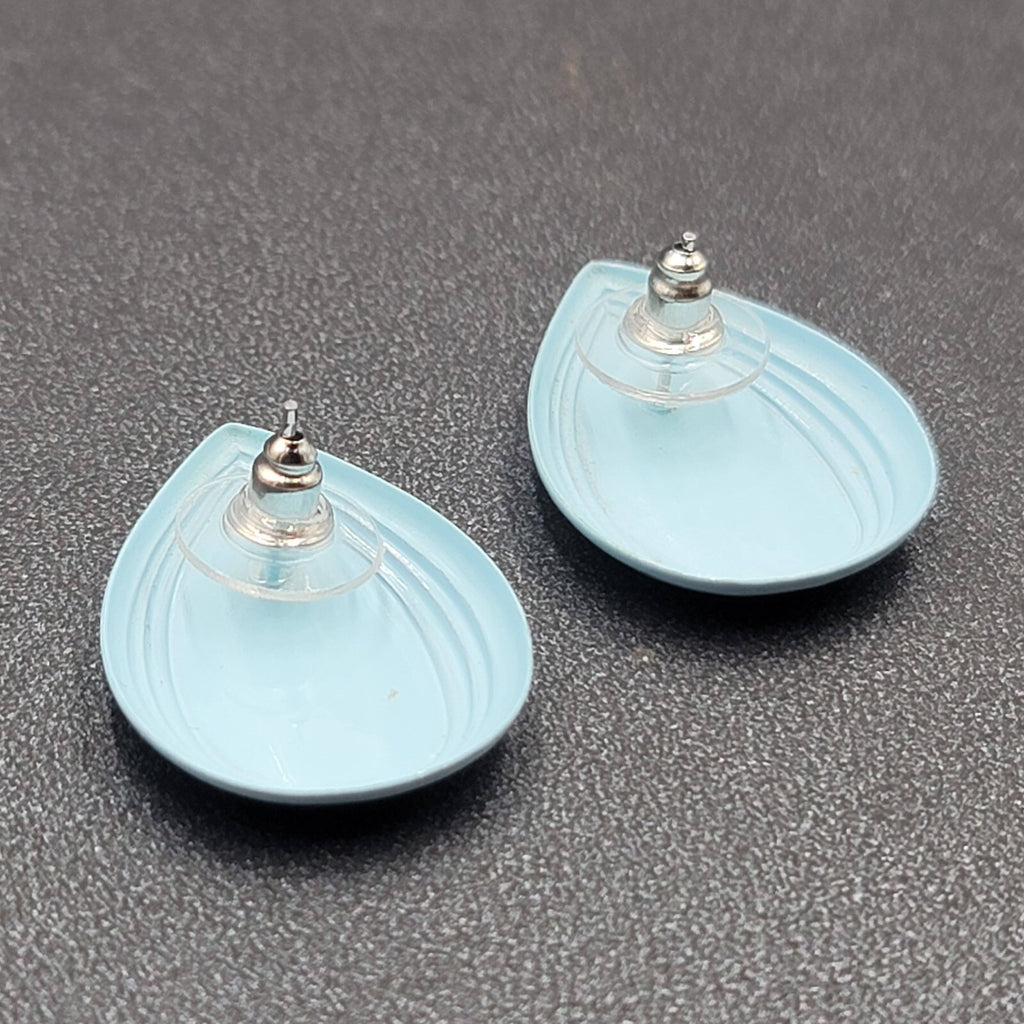 Vintage Pierced Earrings Blue Enamel over Metal Teardrop 1"