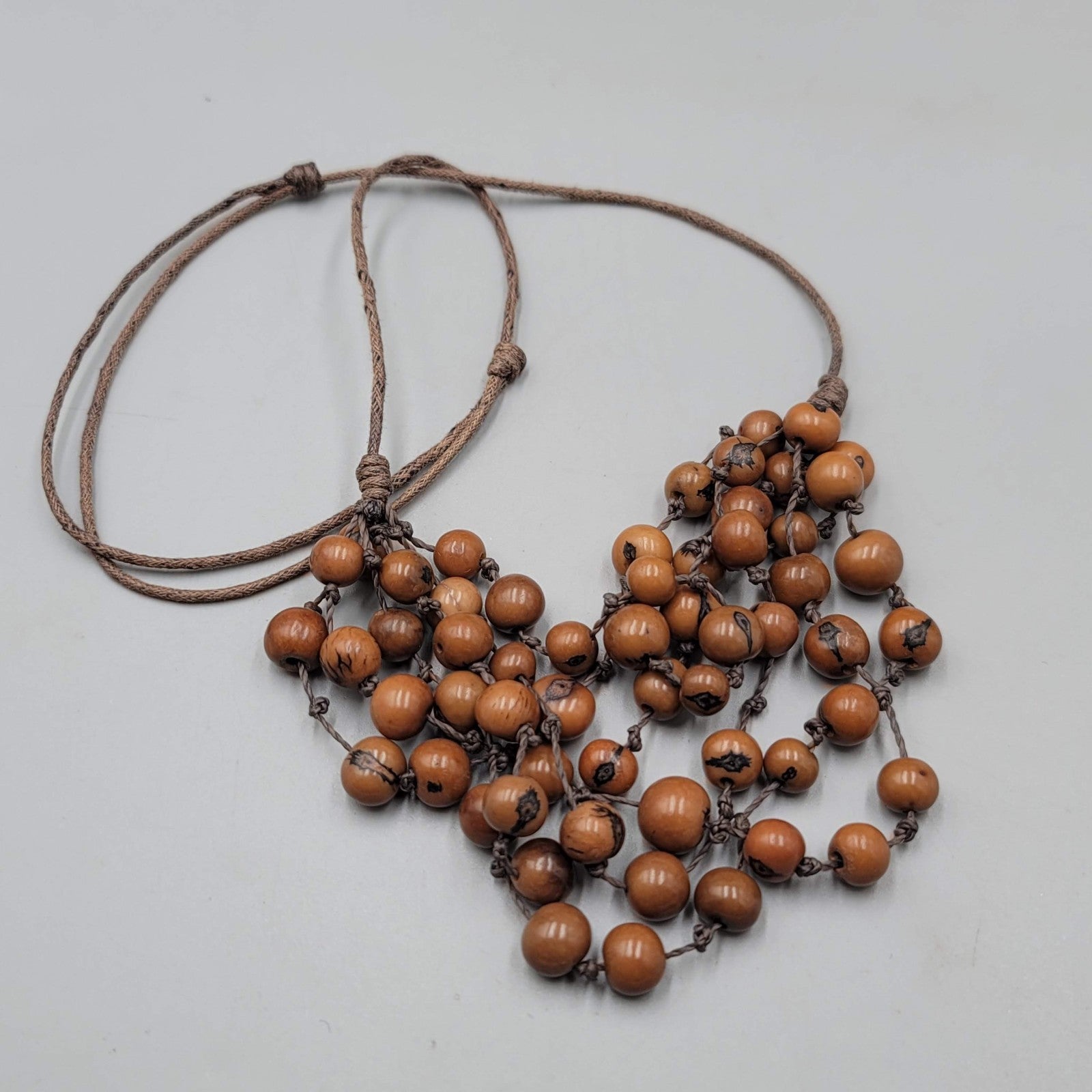 Artisan Natural Seed Necklace Hand Strung Layered Brown Adjustable Cord 24"