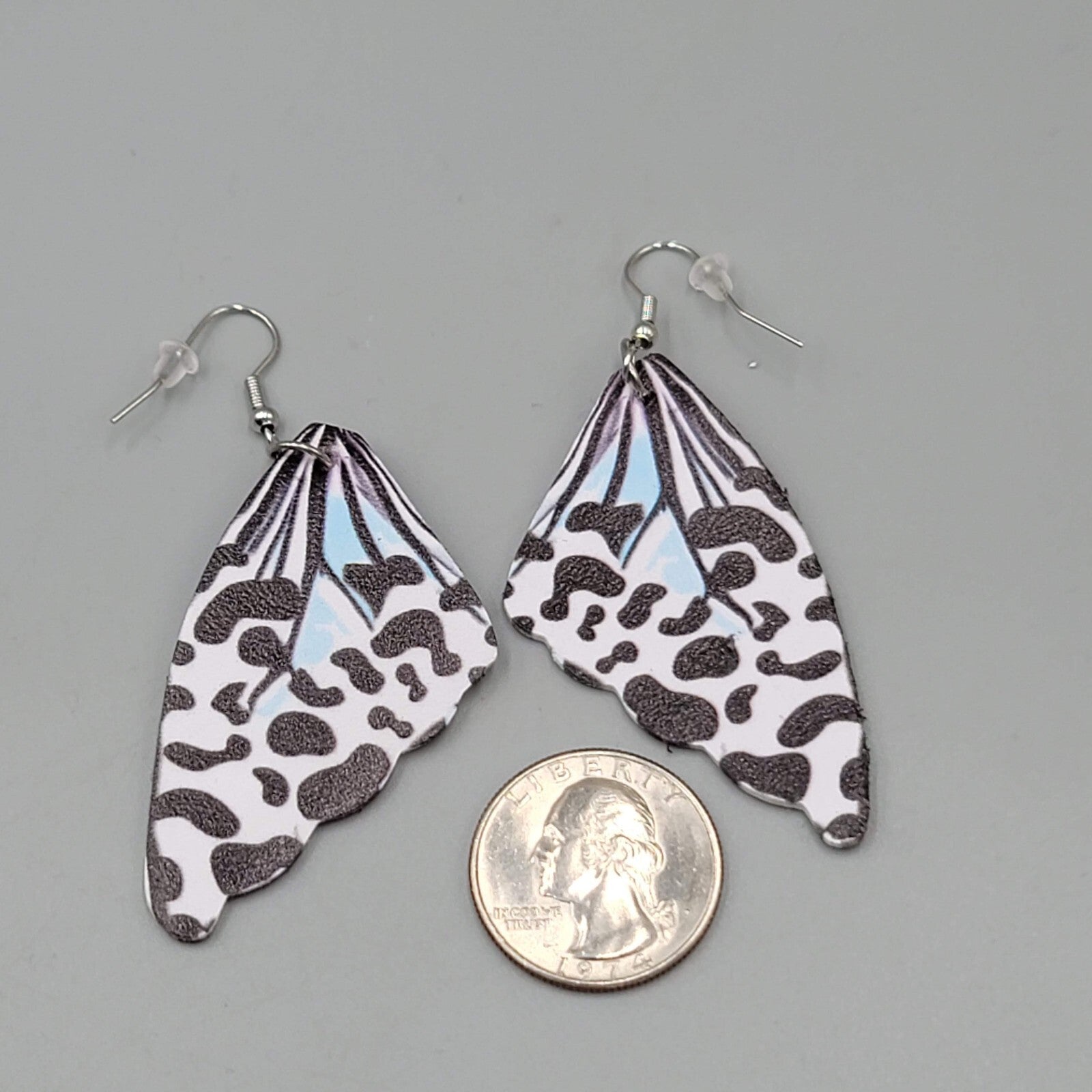 Butterfly Wing Pierced Earrings Black White  Statement Dangle 2.25"