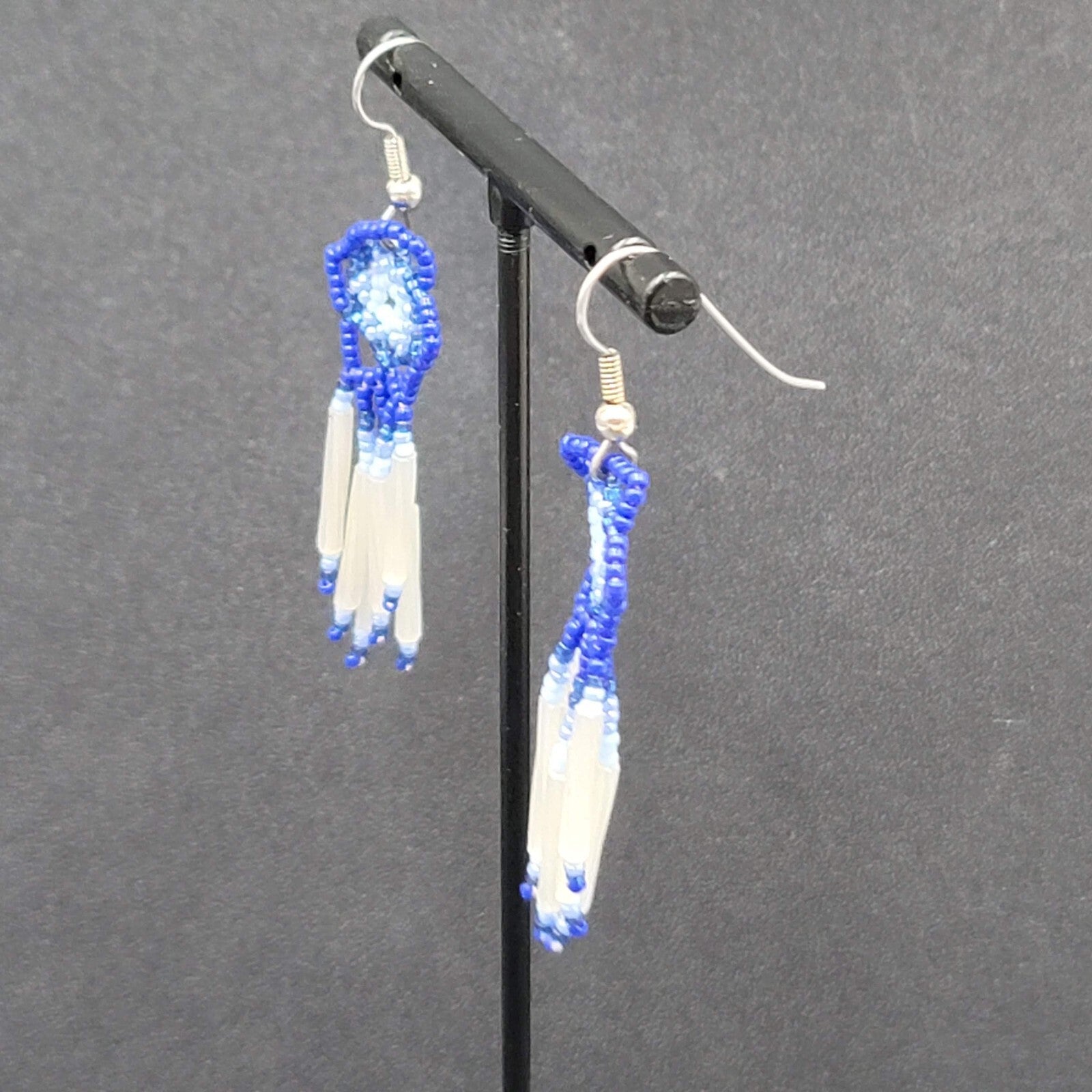Vintage Pierced Earrings Blue White Flower Weaved Seed Beads  2"