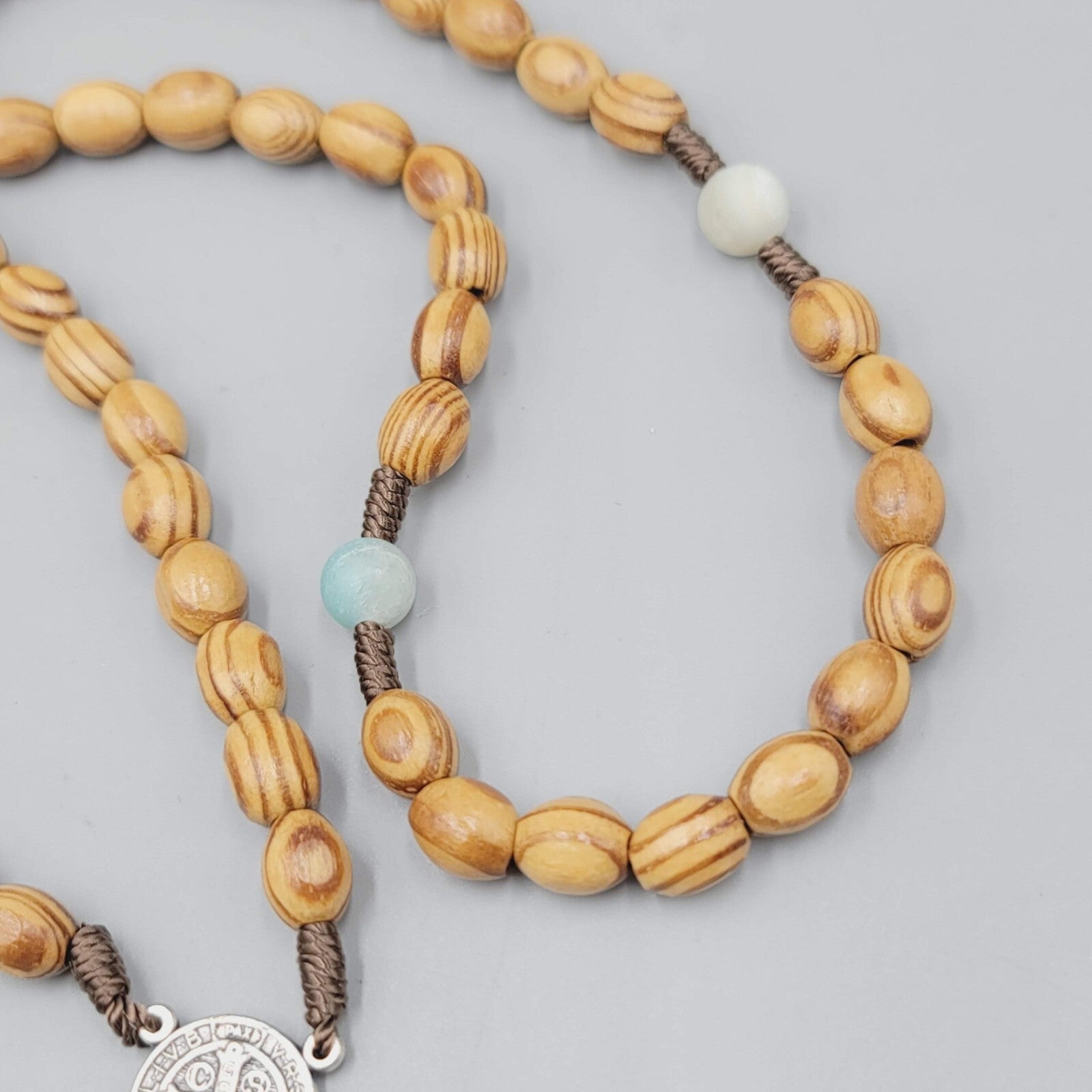 Catholic Rosary Crucifix Wood Beads Silver tone