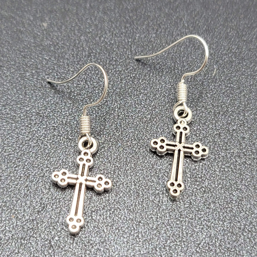 Pierced Earrings Cross Silver tone Dangle 7/8"