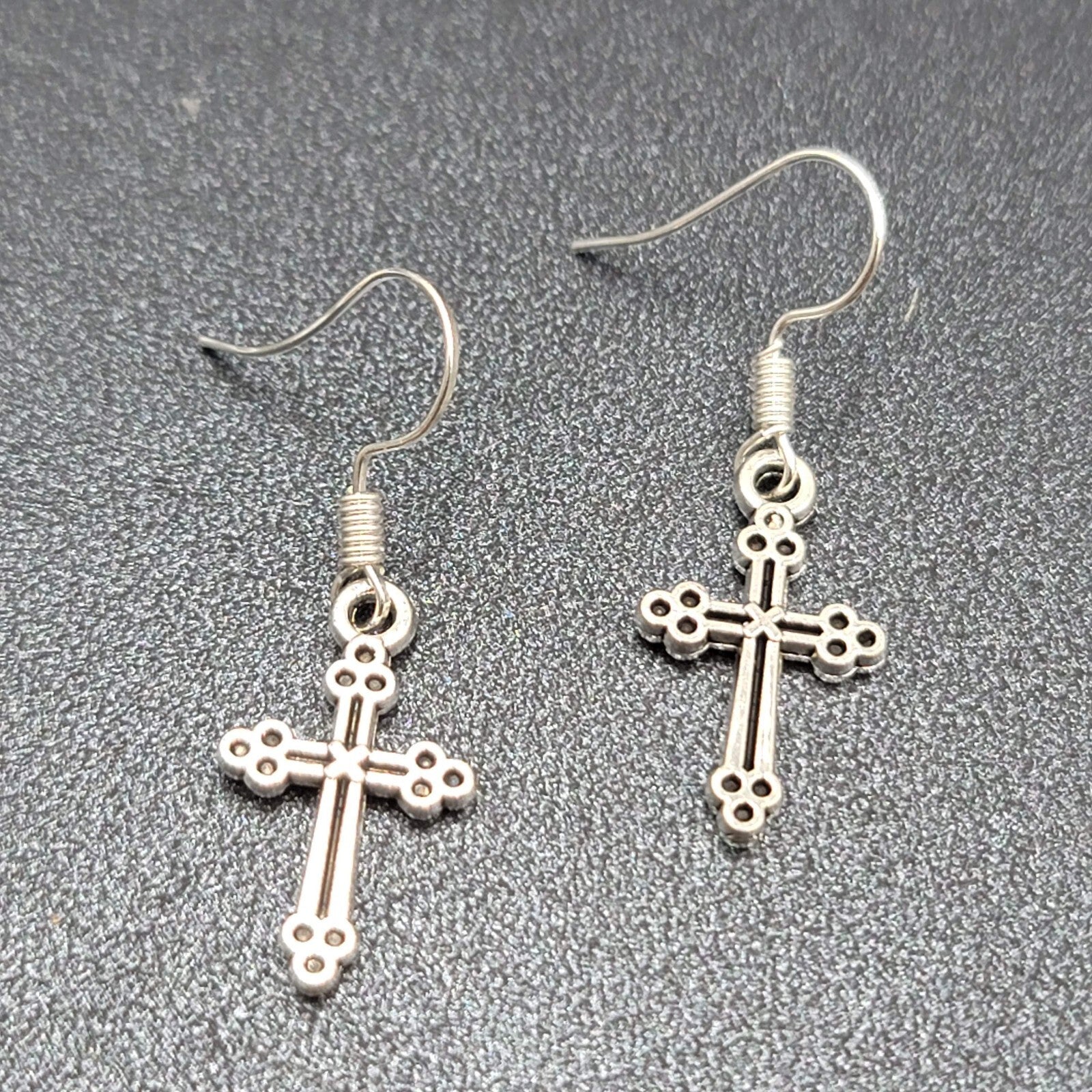 Pierced Earrings Cross Silver tone Dangle 7/8"