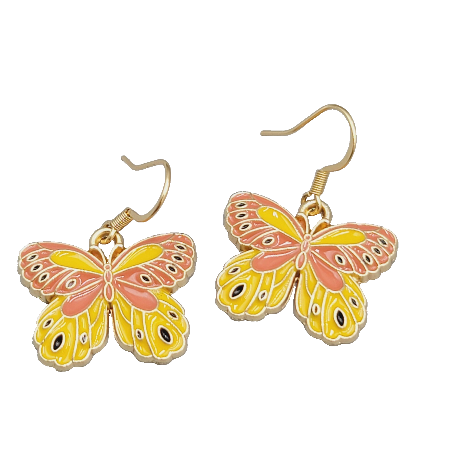 Yellow Moth Enamel Pierced Earrings Gold tone Dangle Butterfly 3/4"