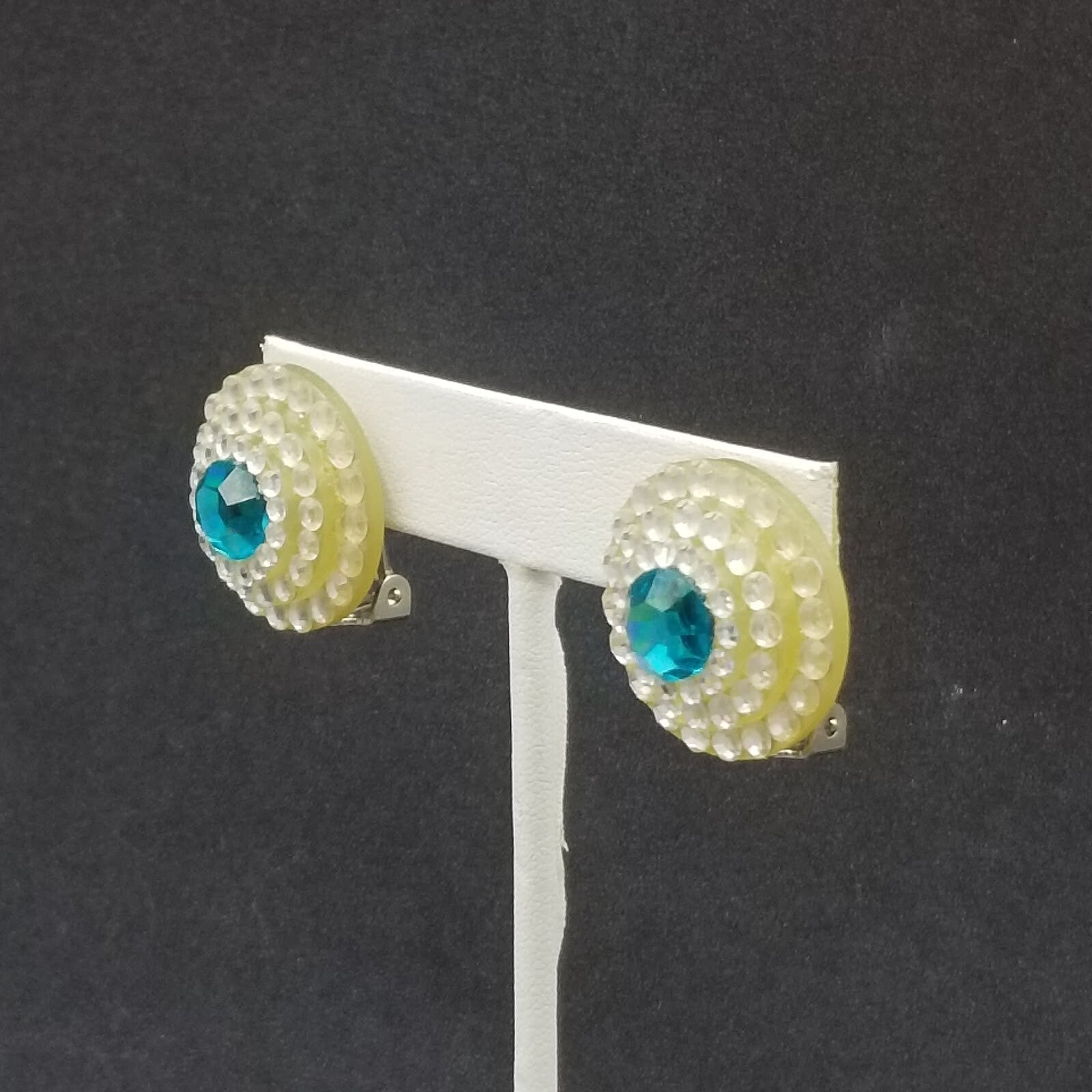 Clip on Earrings Blue Crystal Button Style Stud 7/8"