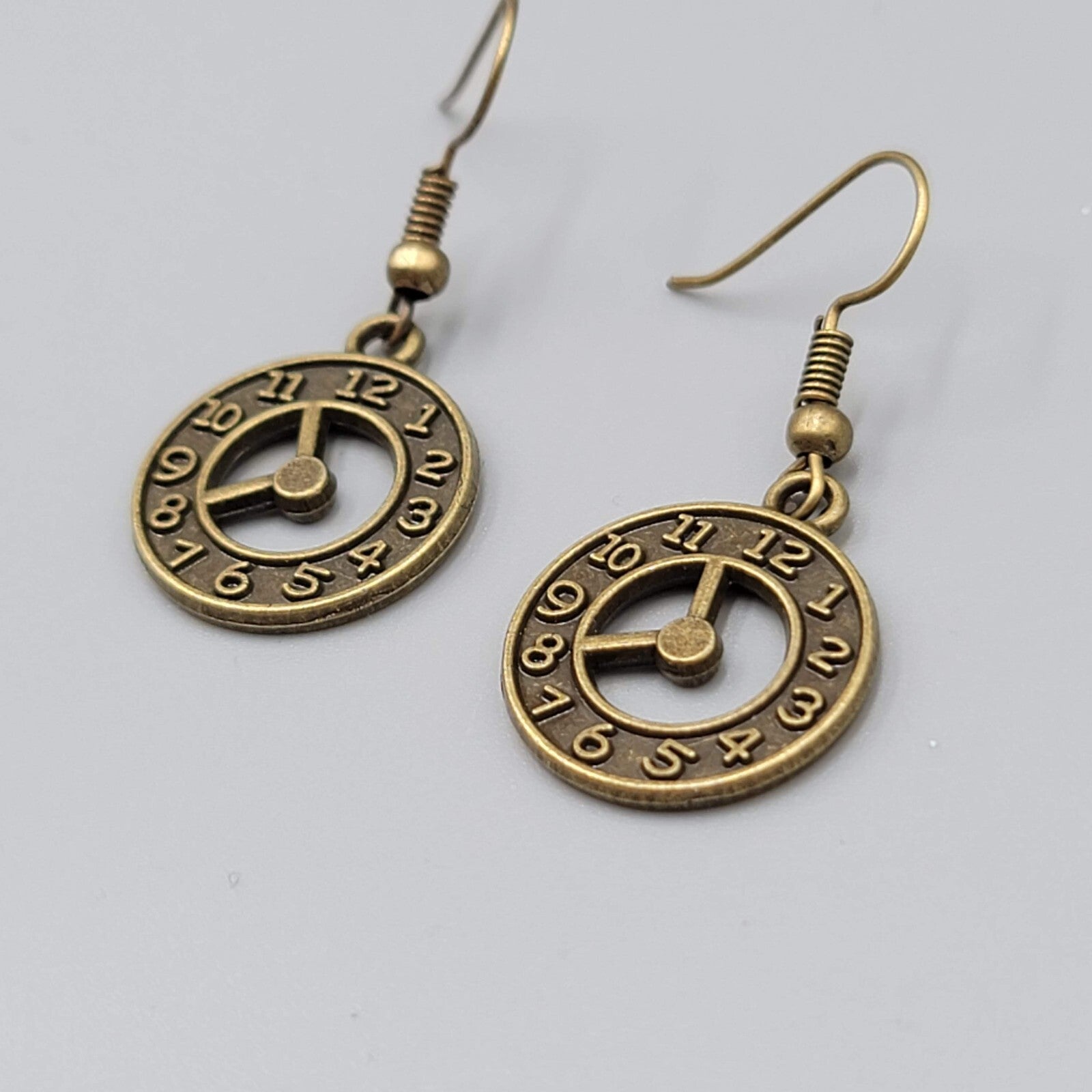 Clock Pierced Earrings Bronze tone Open Work Embossed Dangle New 7/8"