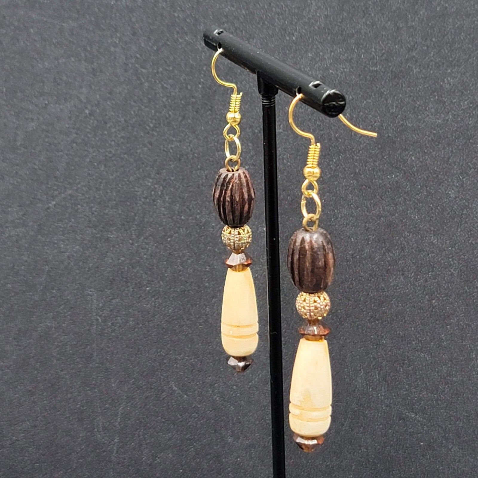Pierced Earrings Gold tone Wood Hand Carved Beads Dangle 2"