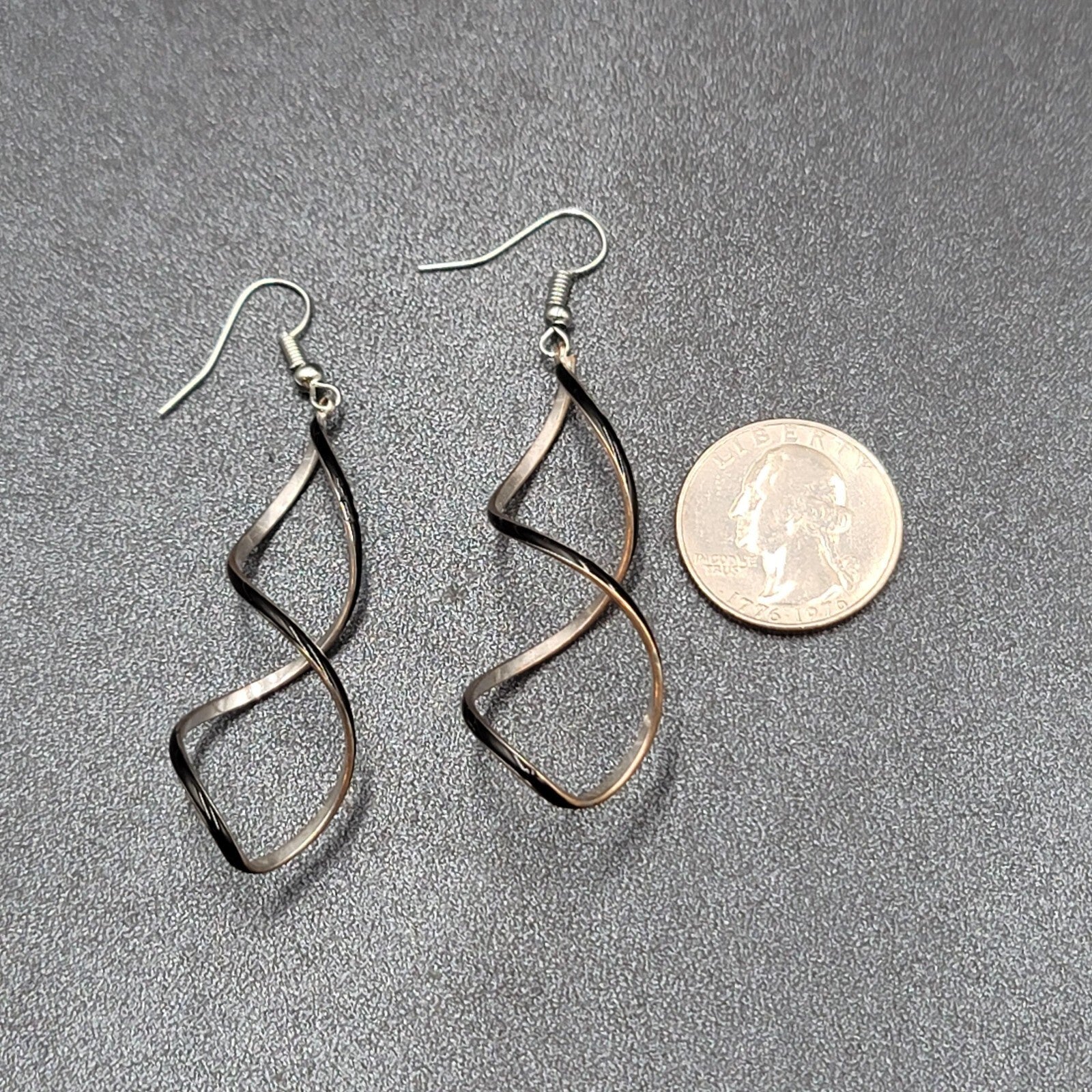 Pierced Earrings Silver tone Twist Black Enamel Long Dangle 2.25"