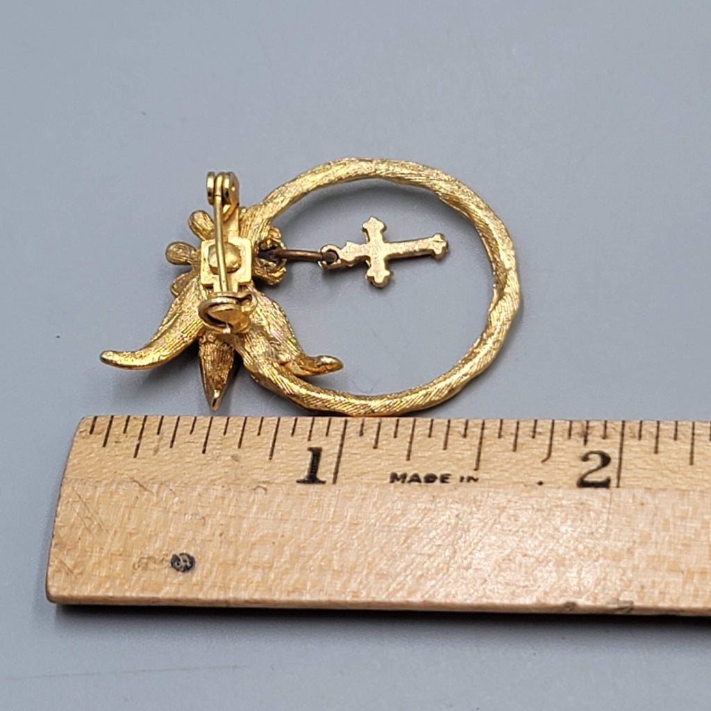 Vintage Cross Bow Blue Rhinestone Brooch Gold tone Dangle 1.25"