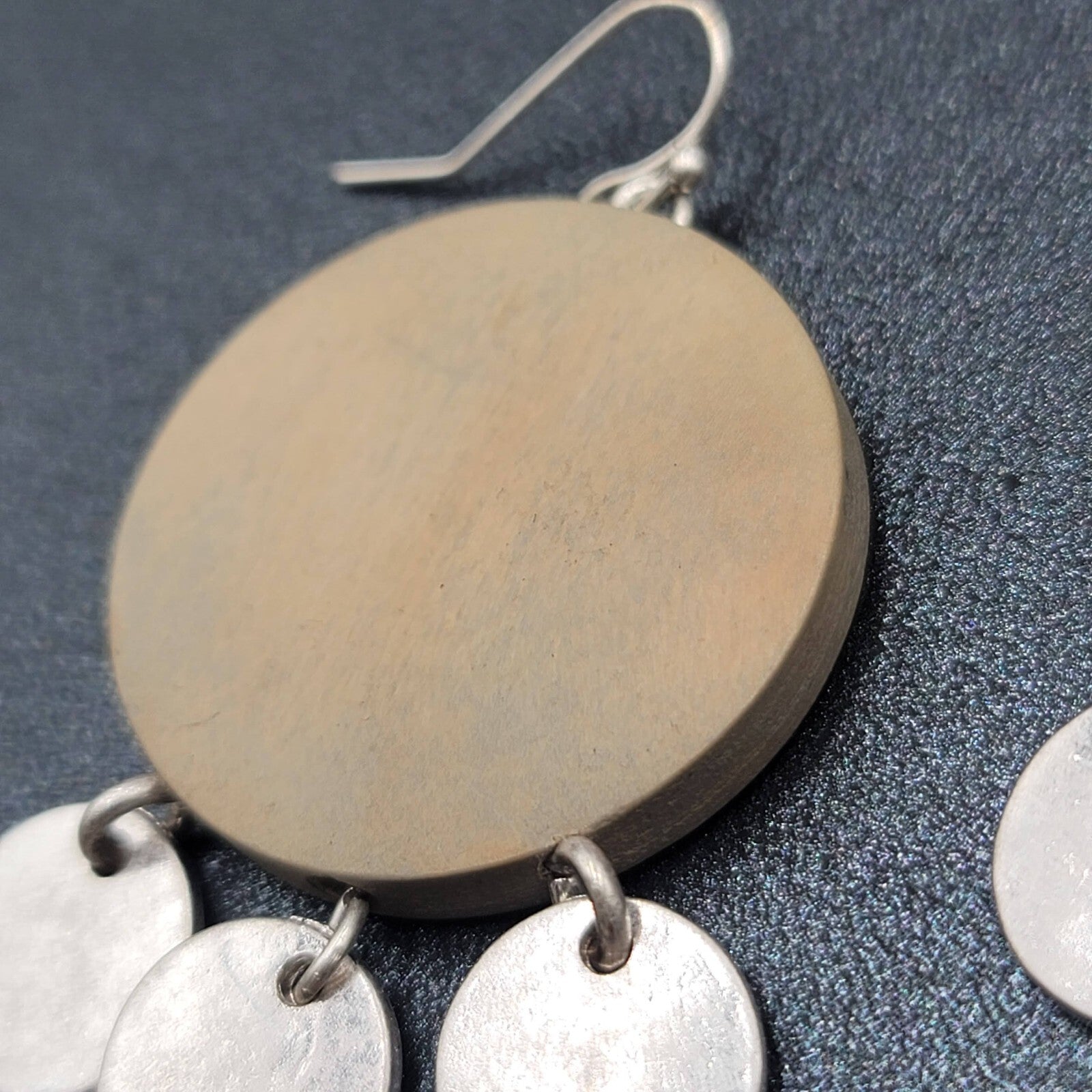 Pierced Earrings Round Wood Silver tone Discs 1.75"