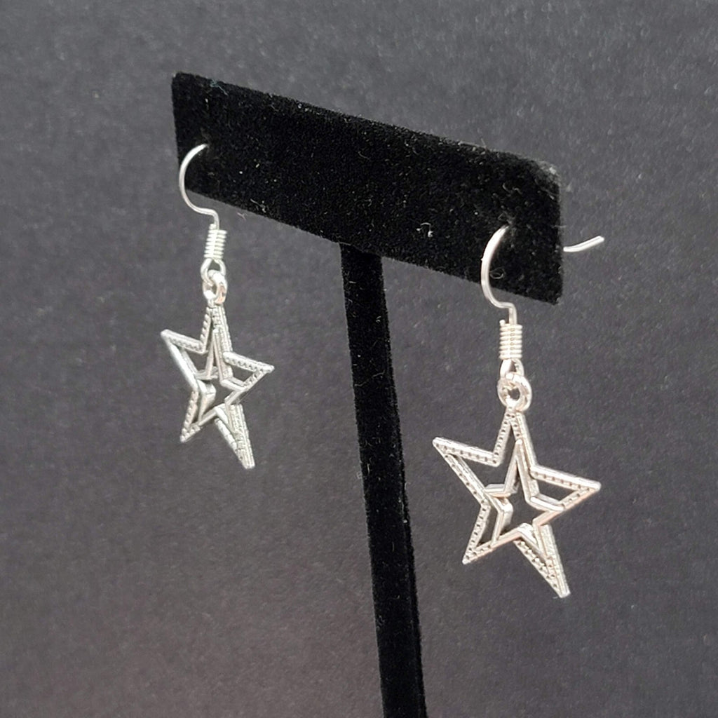 Pierced Earrings Silver tone Dangle Double Open Star 7/8"