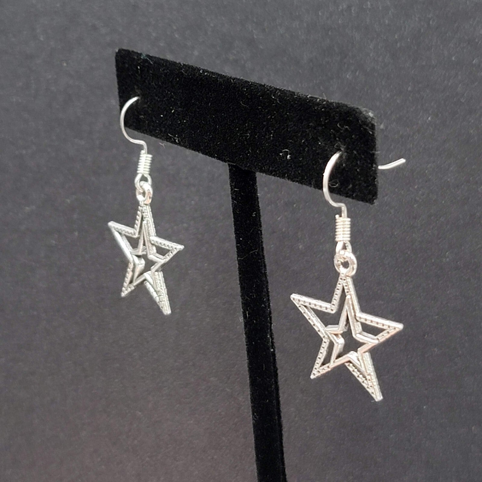 Pierced Earrings Silver tone Dangle Double Open Star 7/8"
