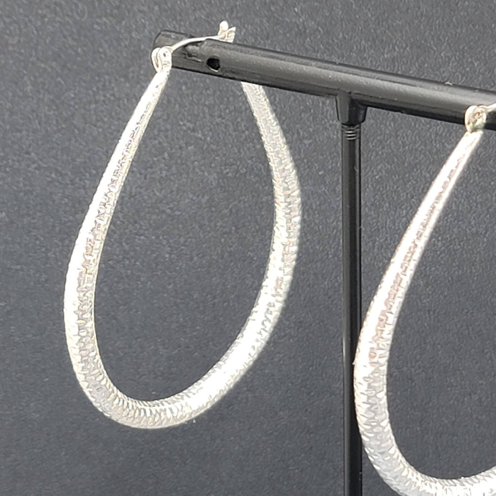 Pierced Earrings Silver tone Large Textured Hoops Teardrop Dangle 2.25"