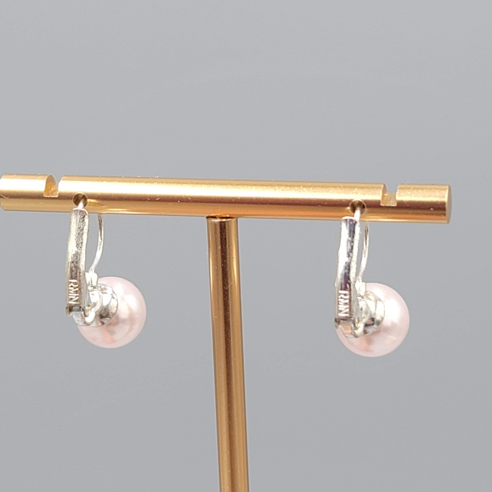 Pink Faux Pearl Pierced Earrings Silver tone Drop Leverback  3/8 in