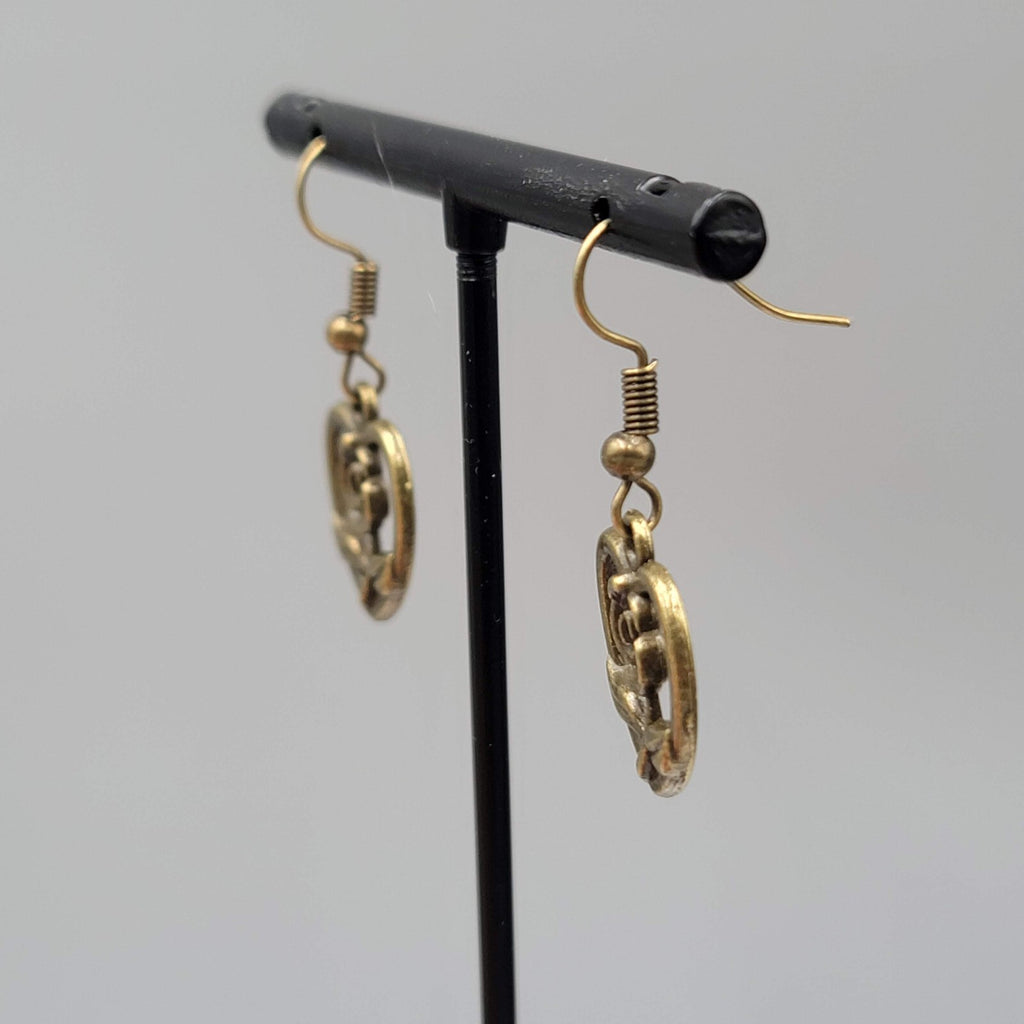 Rose Flower Heart Pierced Earrings Bronze tone Dangle NEW 5/8"