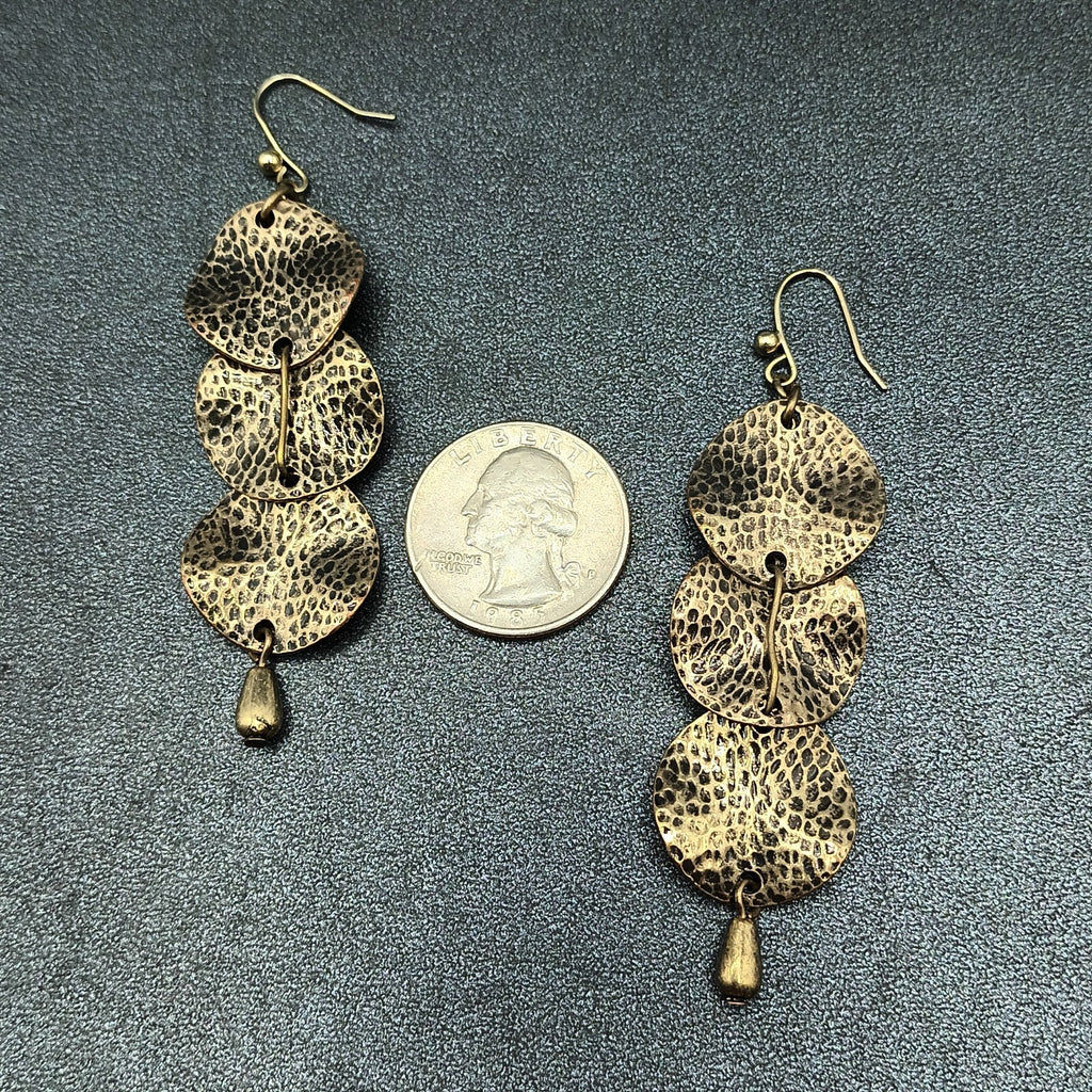 Pierced Earrings Antiqued Hammered Gold tone Wavy Circles Statement Drop 2 3/8"