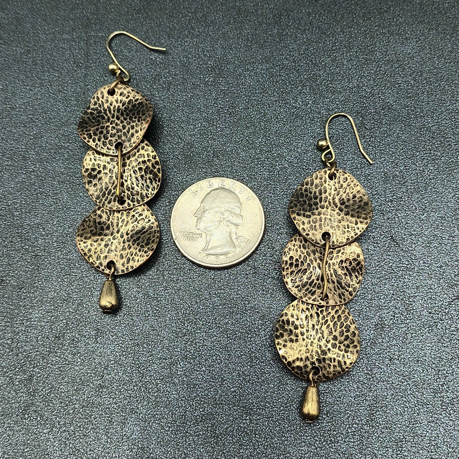 Pierced Earrings Antiqued Hammered Gold tone Wavy Circles Statement Drop 2 3/8"