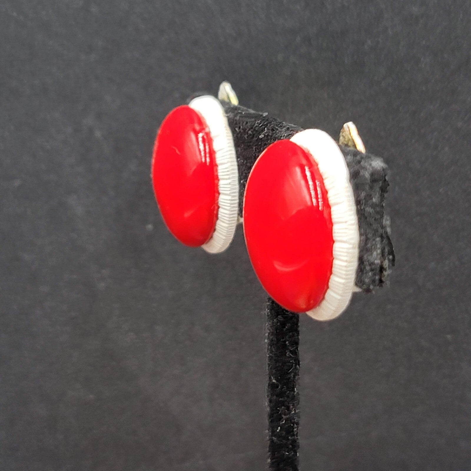 Vintage Clip on Earrings Gold tone Red White Dome Round Studs Hong Kong 7/8"