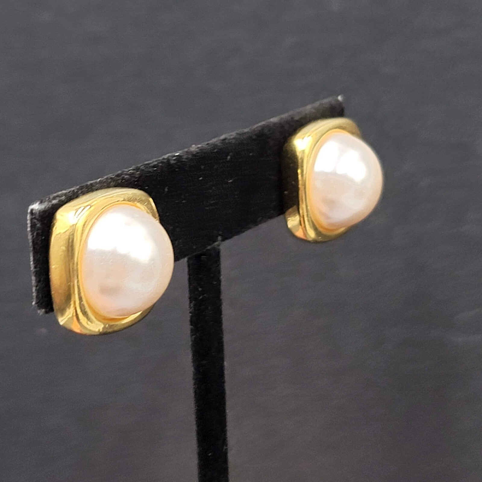 Vintage DP Clip on Earrings Gold tone White Imitation Pearl Studs 5/8"