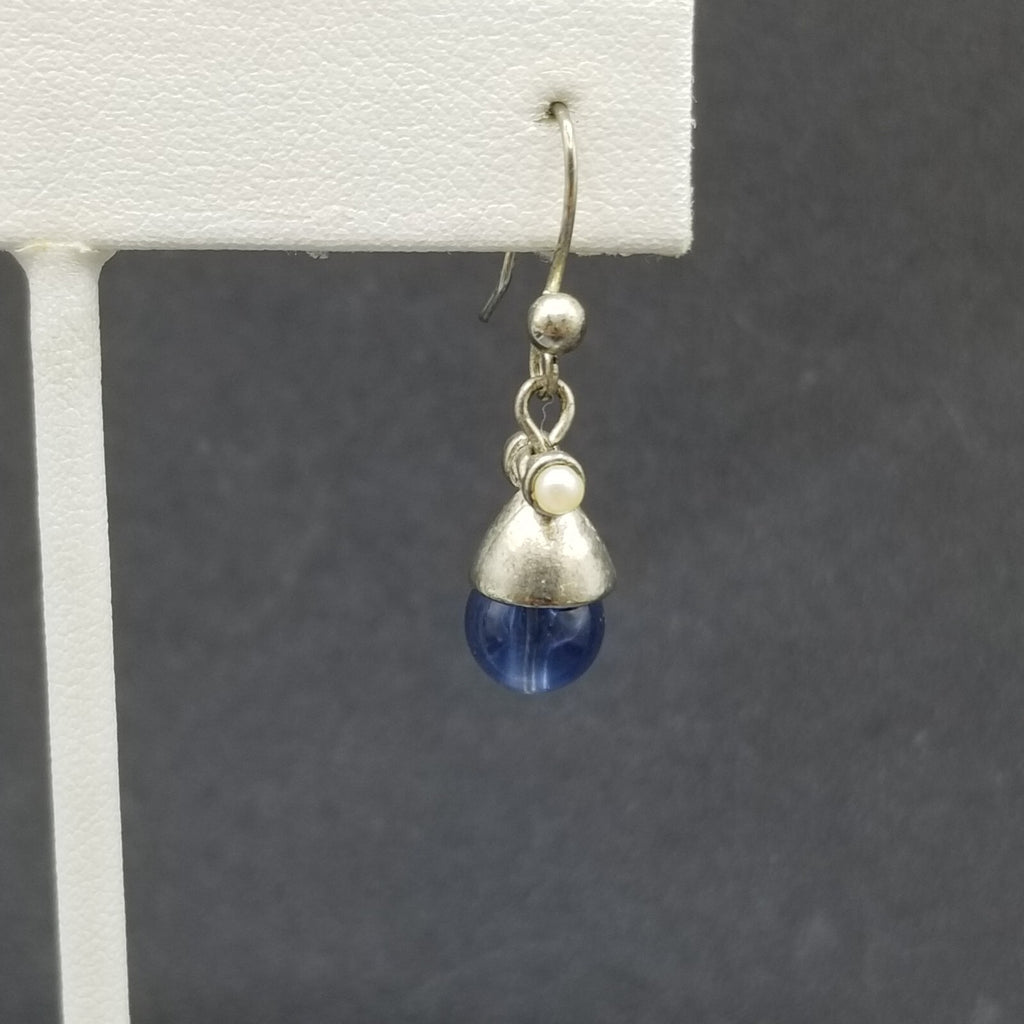 Pierced Earrings Silver tone Blue Crystal Bea Faux Pearl Dangle 1/2"