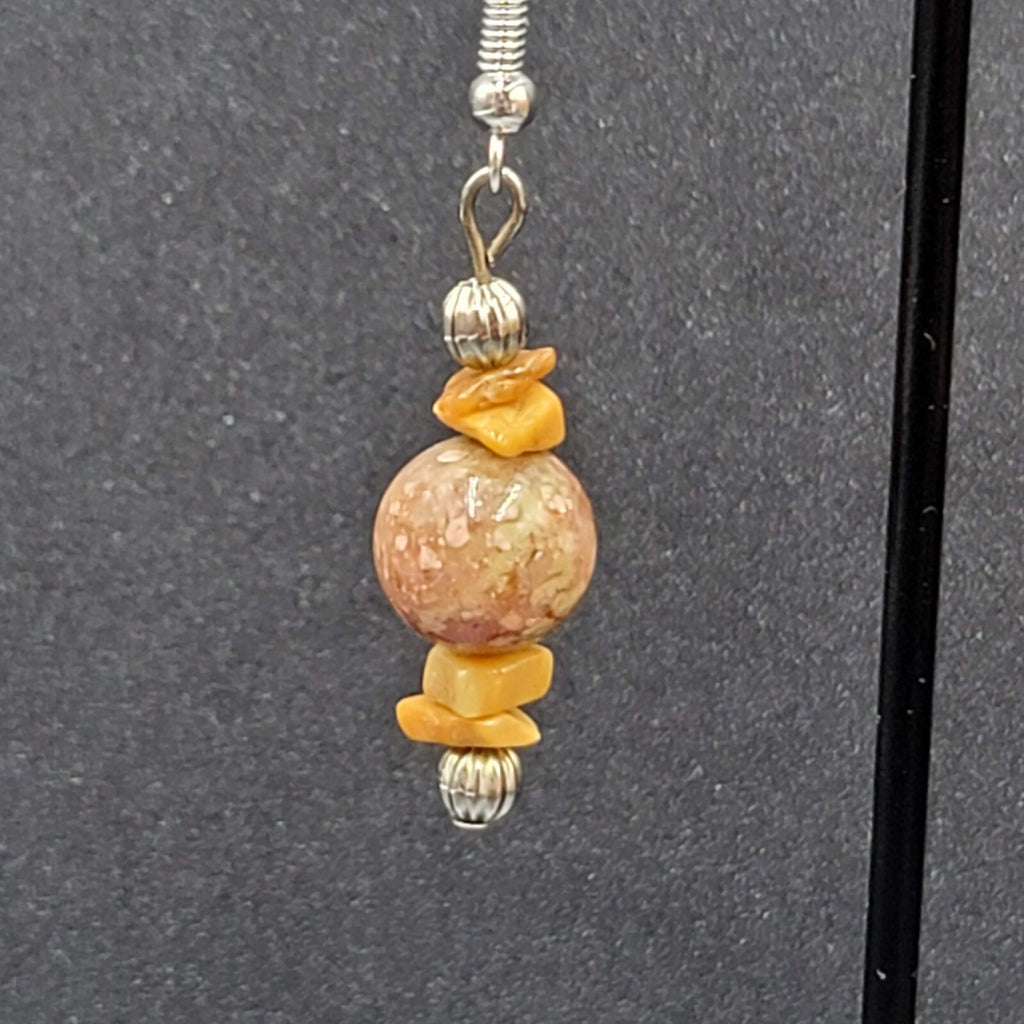 Pierced Earrings Silver tone Jasper Stone Beaded Dangle 1.25"