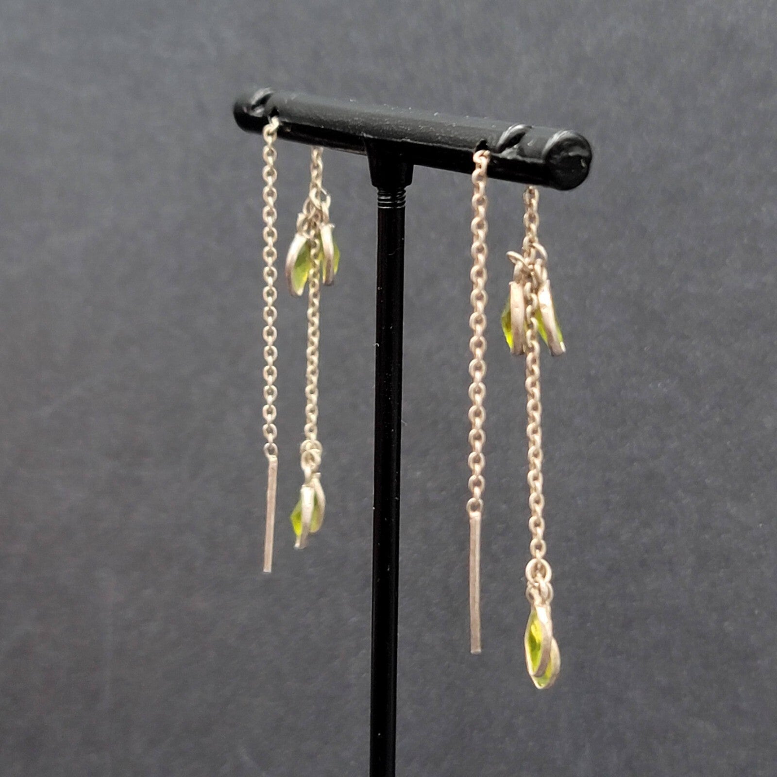 Pierced Earrings Silver tone Green Crystal Stone Threaders 4"