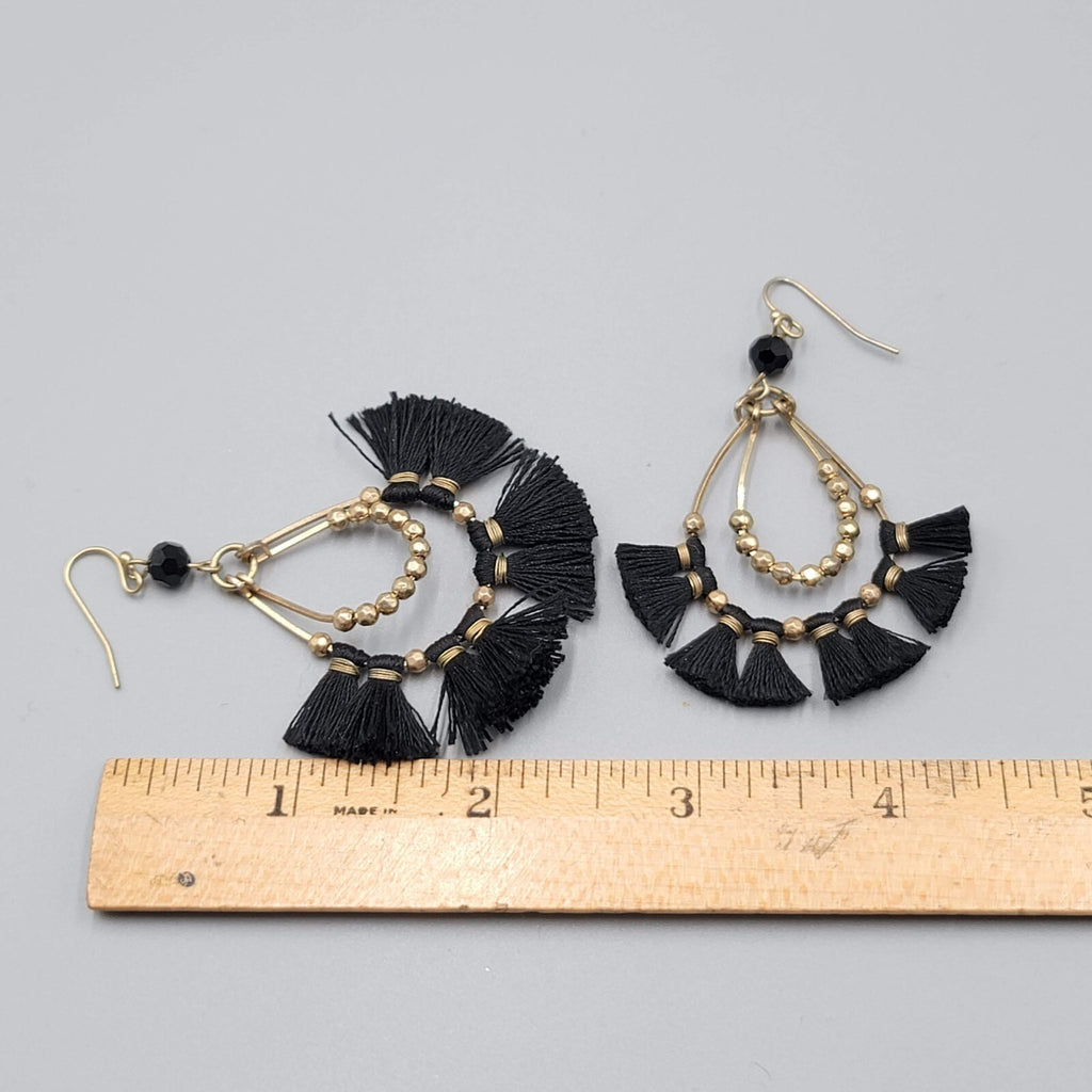 Pierced Earrings Gold tone Black Tassel Teardrop Dangle 2.5"