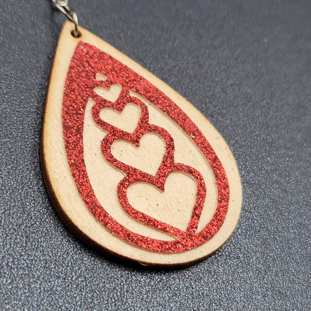 Pierced Earrings Laser Cut Wood Teardrop Red Glitter Hearts Dangle 2.25"