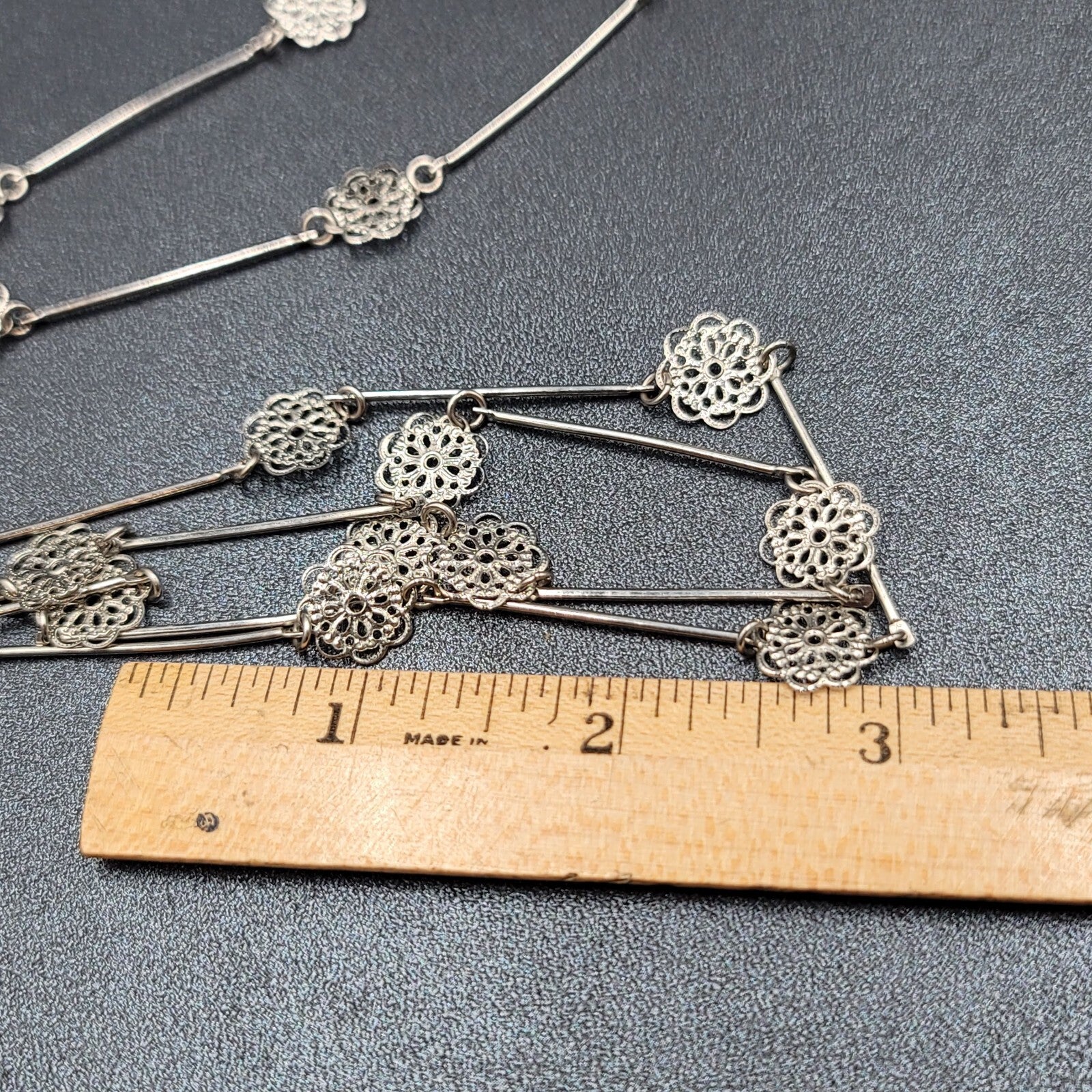 Vintage Necklace Silver tone Filigree Flower Station Chain Long 38"