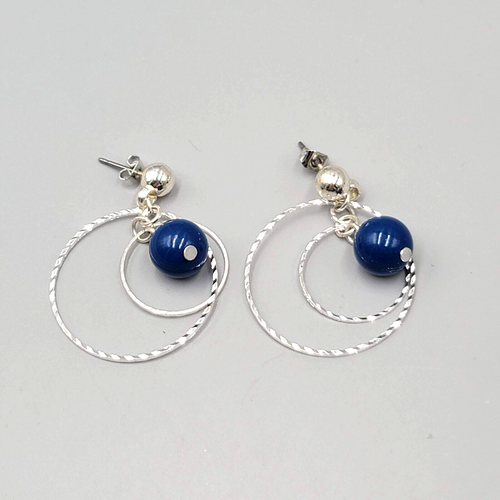 Dangle Circles Pierced Earrings Silver tone Blue Bead 1.25"