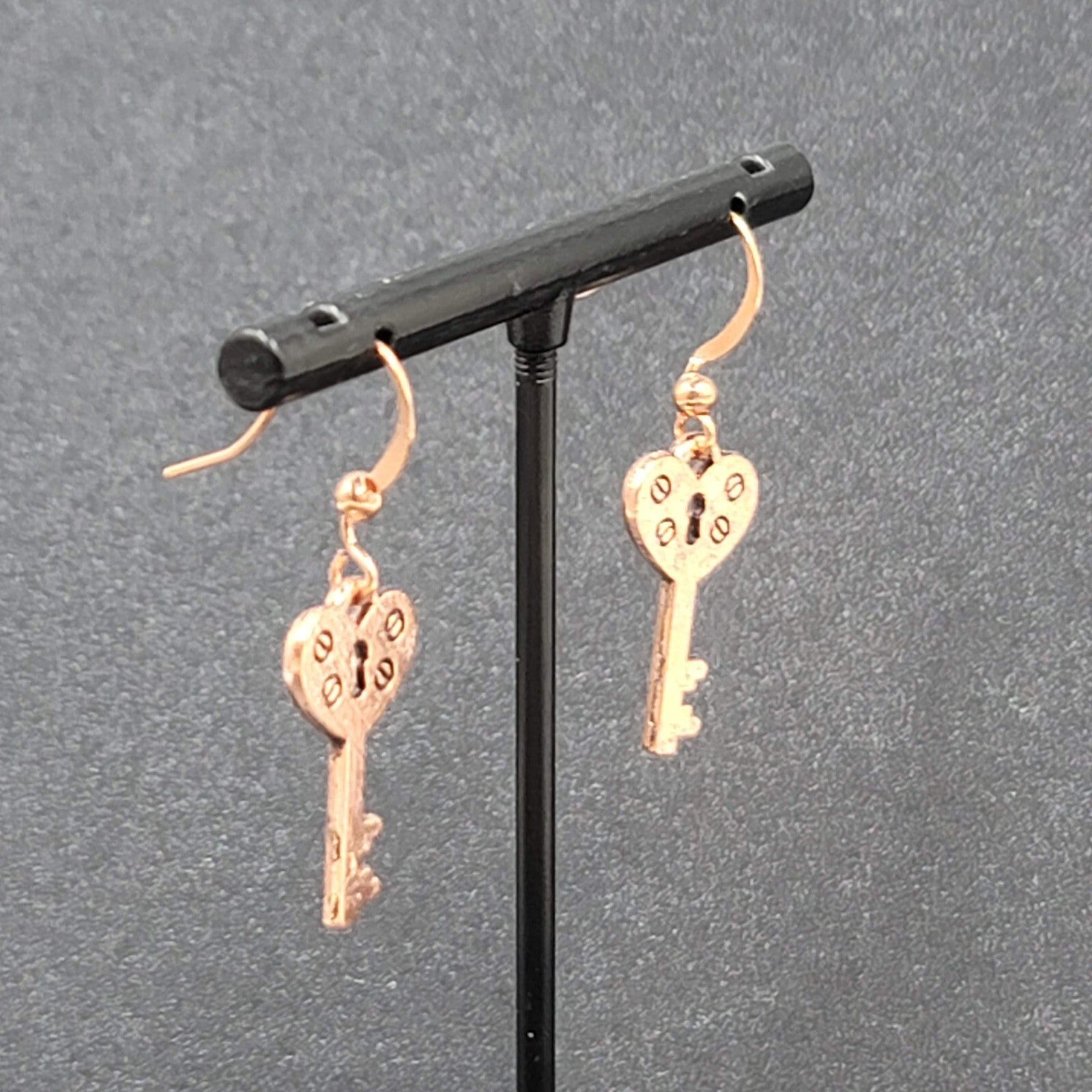Heart Skeleton Key Pierced Earrings Bright Copper tone Dangle 7/8"